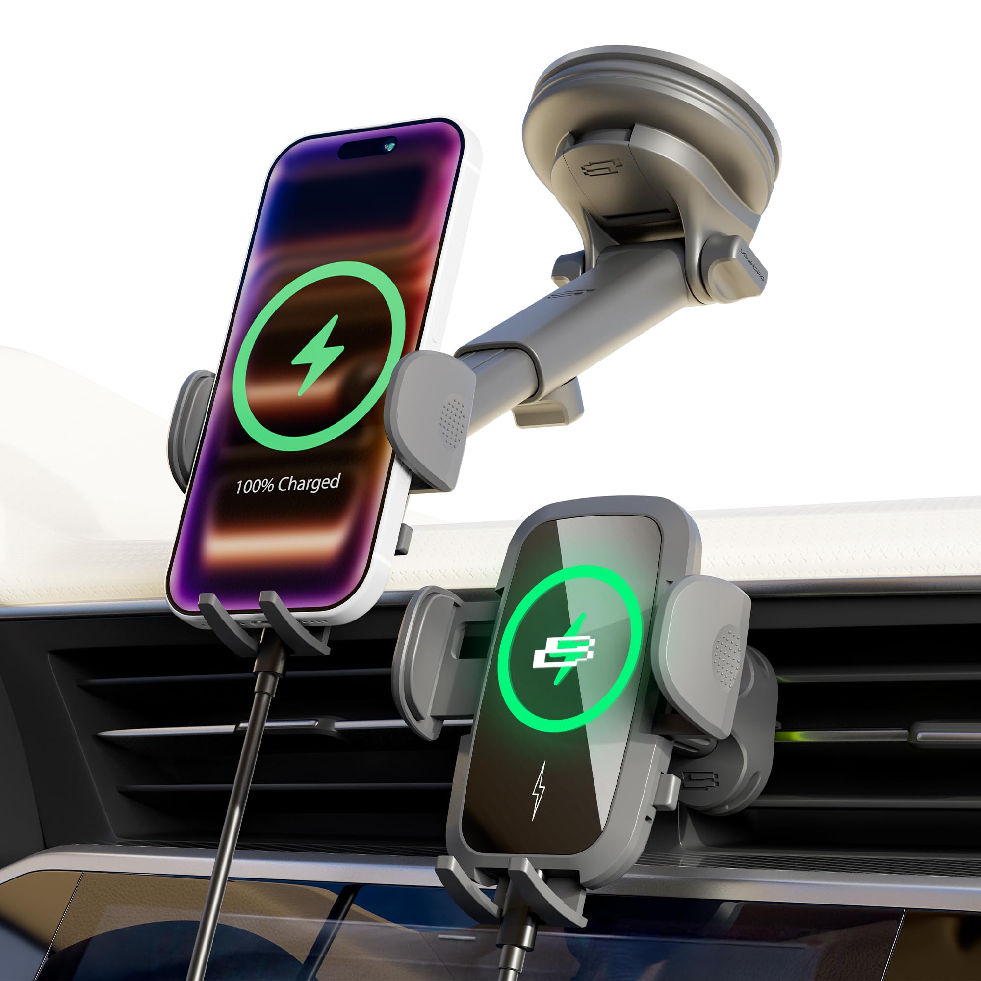 Bracketron Wireless Car Charger Mount - PwrUp TripGrip 15W Qi Fast Charging Car Phone Mount for Dashboard Windshield