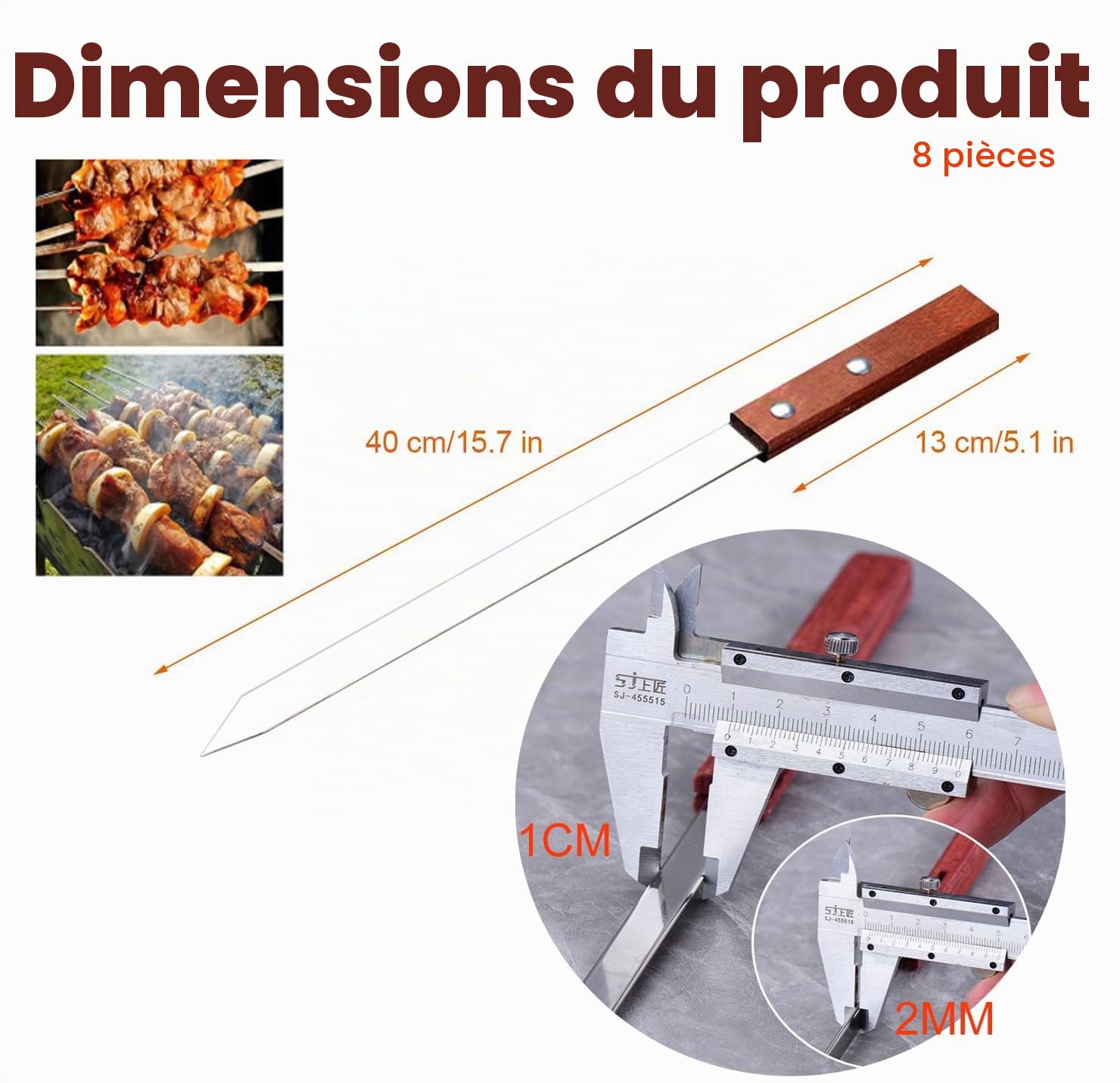 Adana Lot de 8 brochettes réutilisables 40 cm avec manche en bois, brochettes plates en acier inoxydable pour viande et légumes
