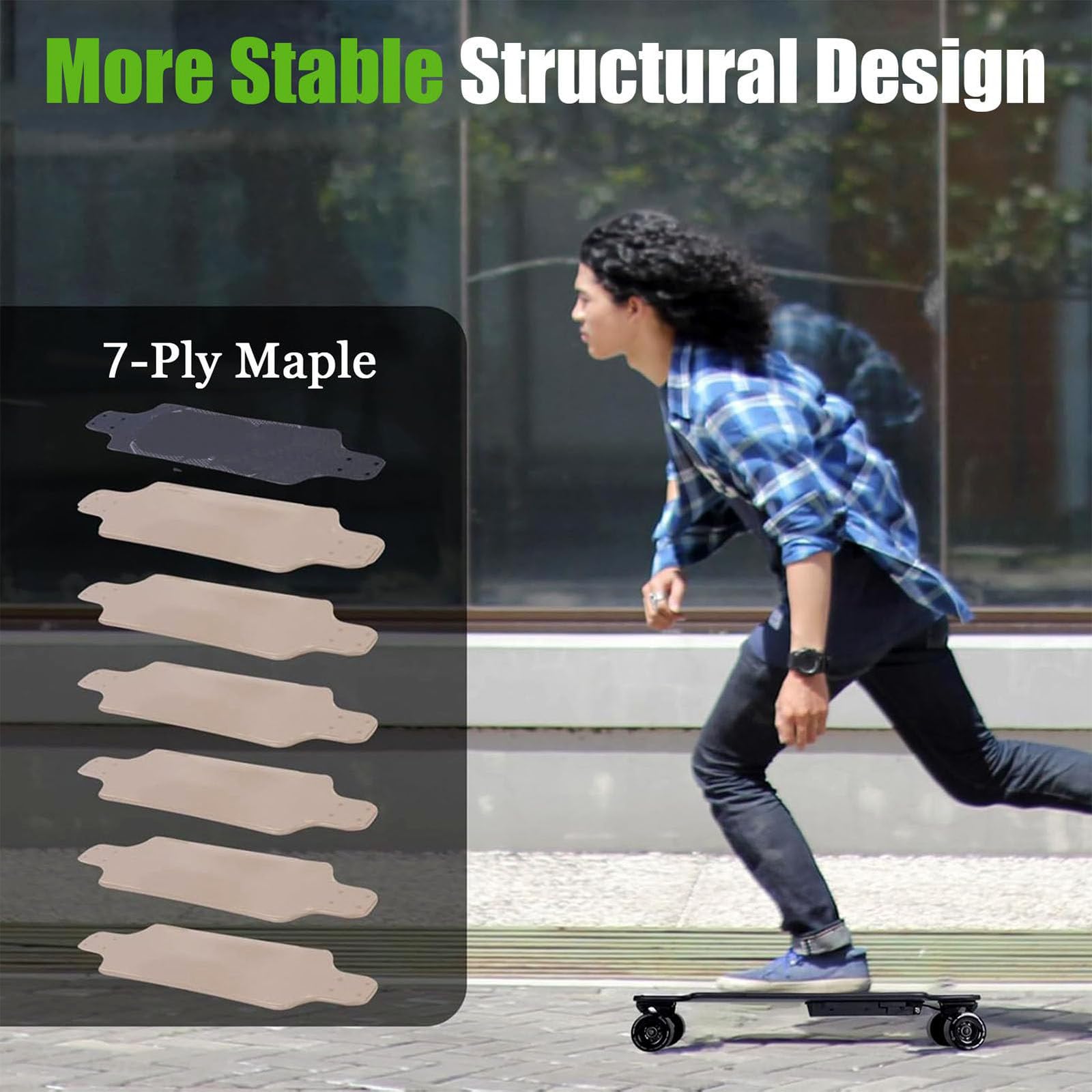 Planche à roulettes Électrique 15 km pour Adultes & Adolescents - Moteurs 2 * 350W, 25 km/h, Télécommande 4 Vitesses, Charge 90 kg, Longboard en Érable 7 Plis pour Campus/Route