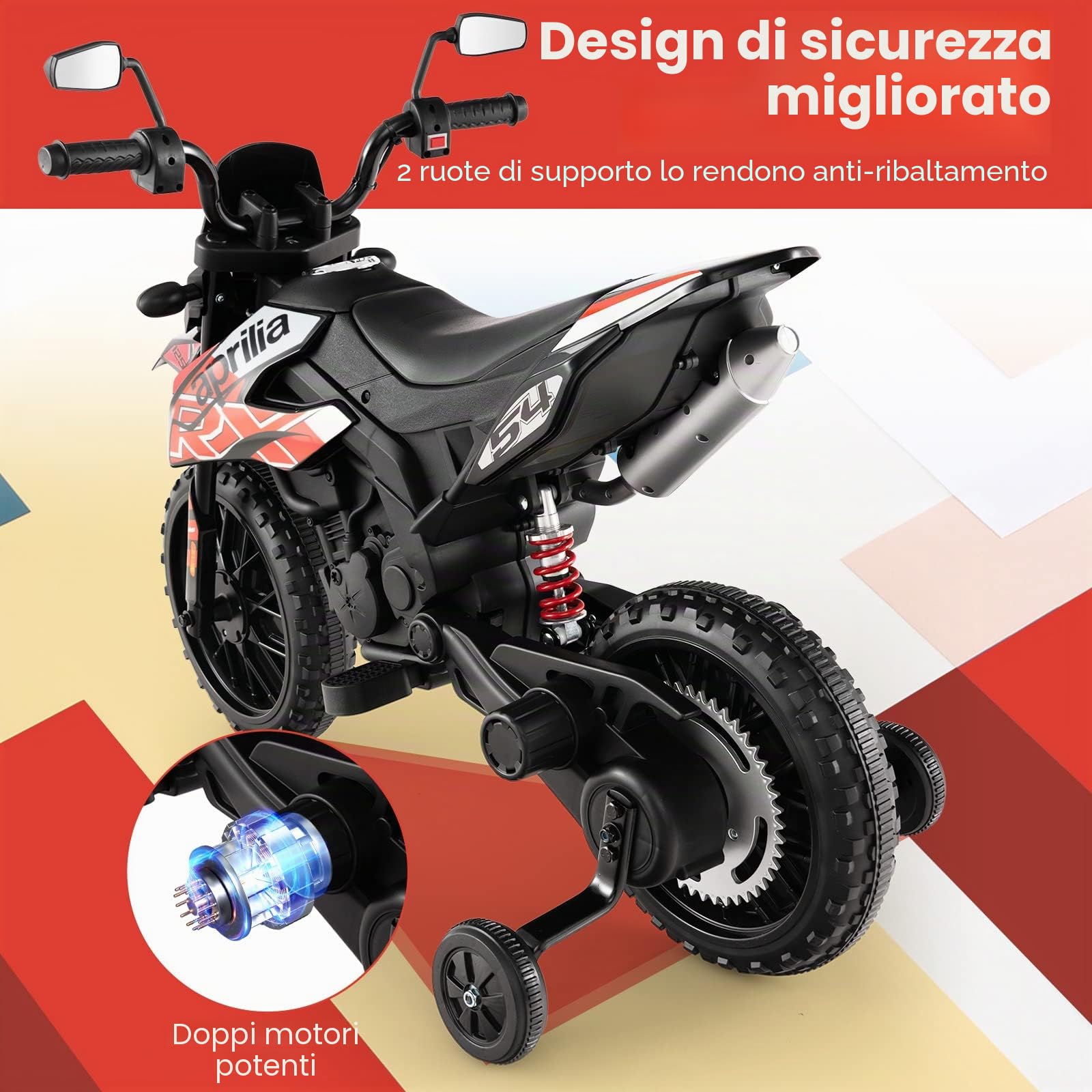 FANTASK APRILIA 12V MOTORE ELETTRICO PER BAMBINI 5.5-6km/h MOTO BAMBINI CON RUOTE DI SUPPORTO & MUSICA & FARI MOTO ROSSA E NERA PER BAMBINI DA 3-8 ANNI ROSSO