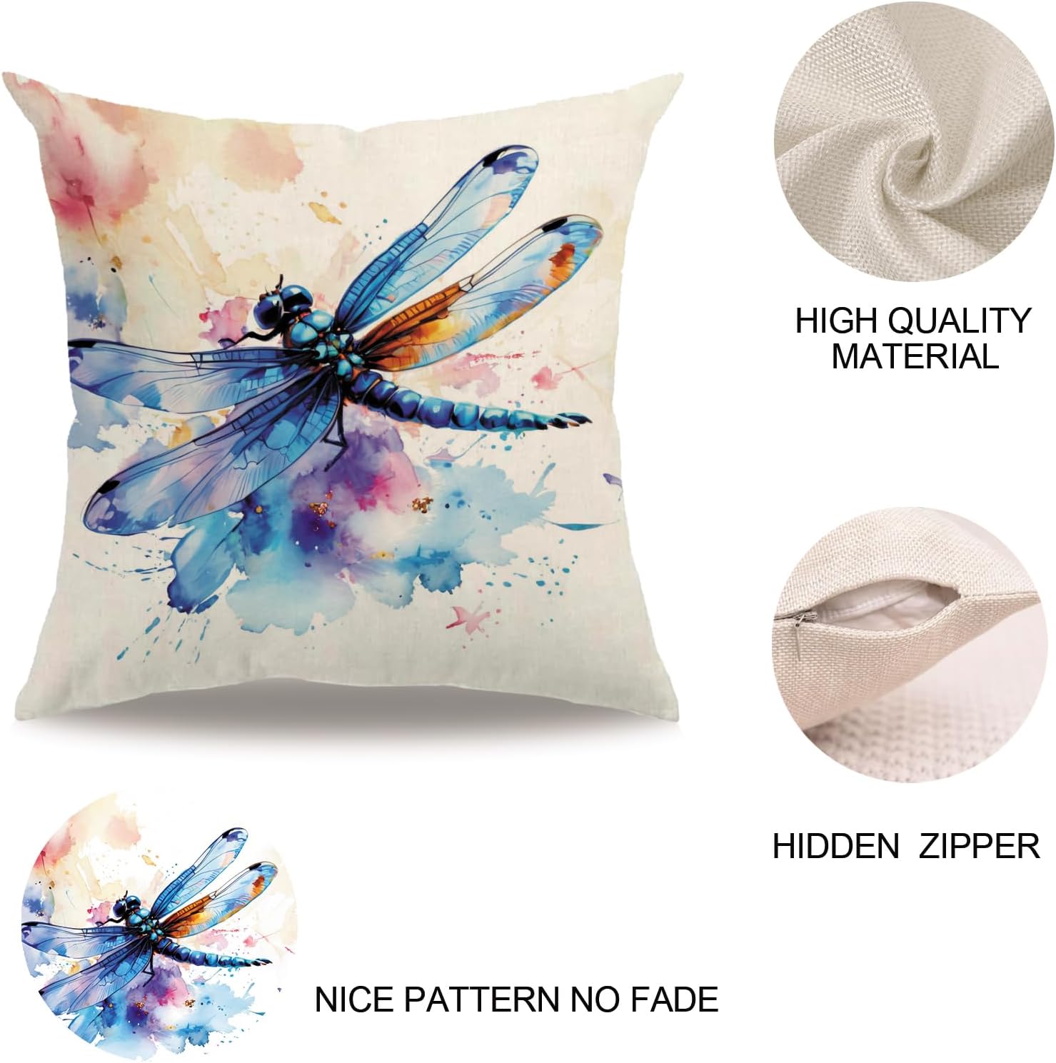 7COLORROOM Watercolor Animals Throw Pillow Covers 18x18 Inch Painting Dragonfly Print Cushion Case Farmhouse Spring Summer Decoration 2Pack Square Pillowcase for Patio Couch Sofa (Blue)