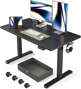 FEZIBO Standing Desk with Drawer, Adjustable Height Electric Stand up Desk, 48 x 24 Inches Sit Stand Home Office Desk, Ergonomic Workstation Black Steel Frame/Black Tabletop