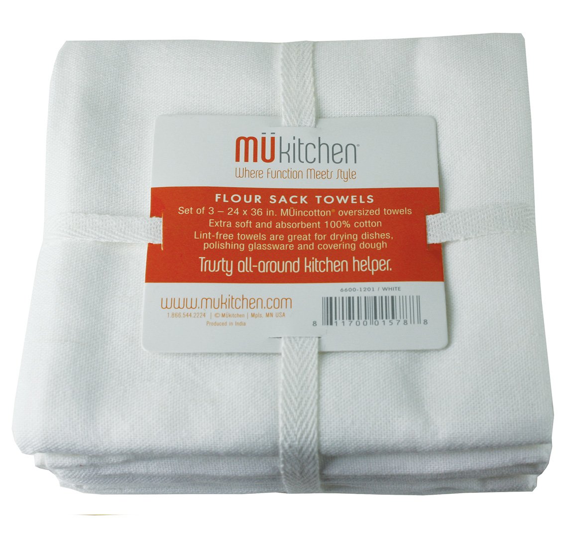 MUkitchenFlour Sack Towels Dish Cloths, White, 24 x 36 inch, Cotton, Set of 3