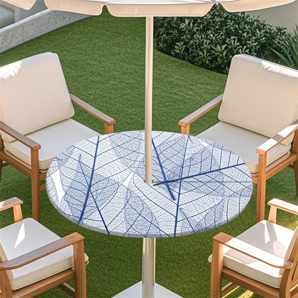 Surwin Outdoor Round Tablecloth with Parasol Umbrella Hole Zipper, Elastic Edge Fitted Protector Round Table Cloth Waterproof Table Cover for Garden BBQ Party -Summer Leaf (Light Blue,S(79-89cm)