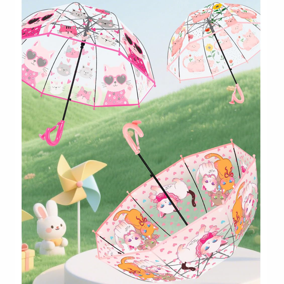 Chesoon Parapluie pour enfant Motif chat rose mignon Surface transparente en forme de bulle Toile bombée résistante au vent Filles âgées de 3 à 8 ans