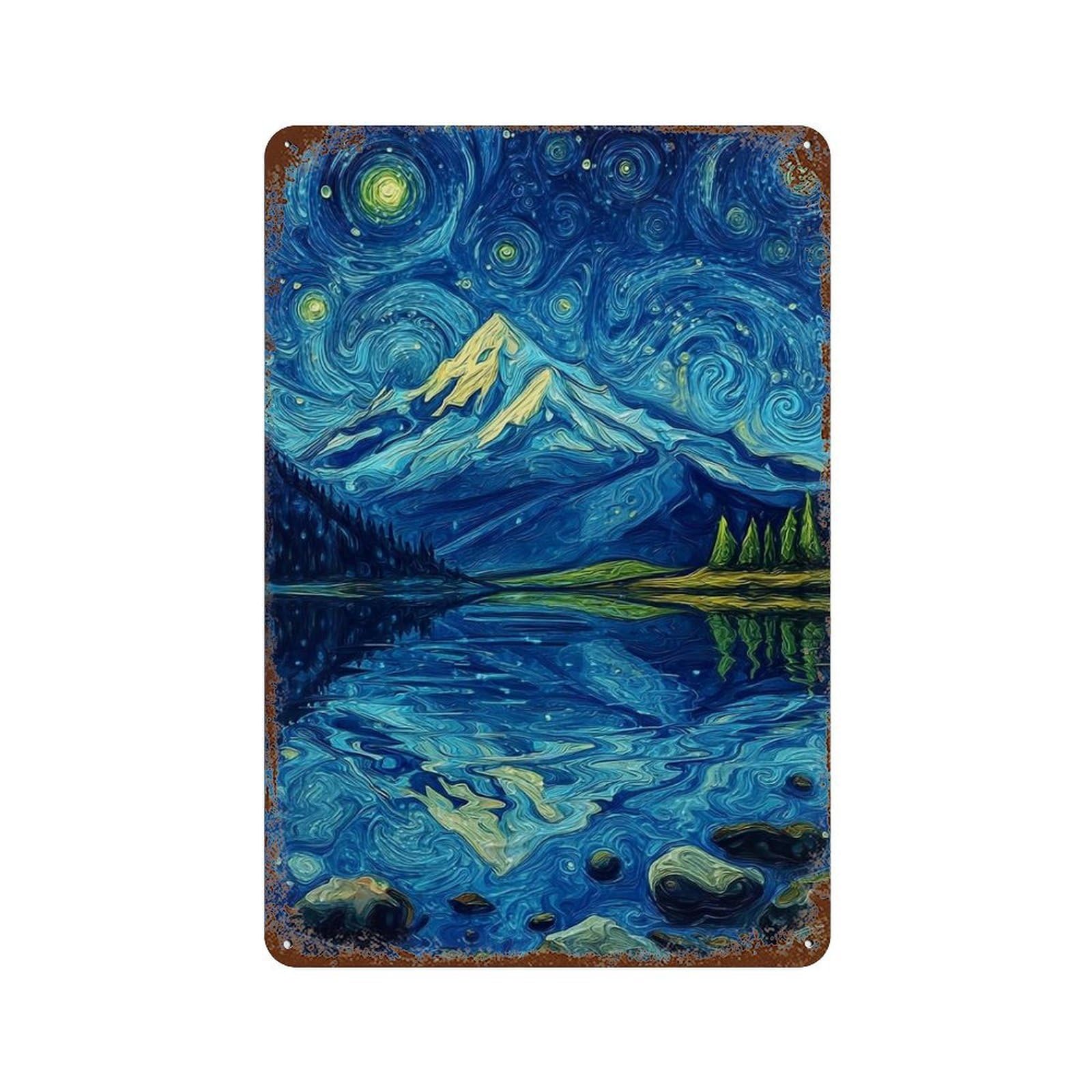 Rust Effect Starry Night Mountain Reflections -5 Rustic Tin Plaque 11.8"x7.9", Shabby Chic Decor for Basement, Hobby Room And Garage Decor