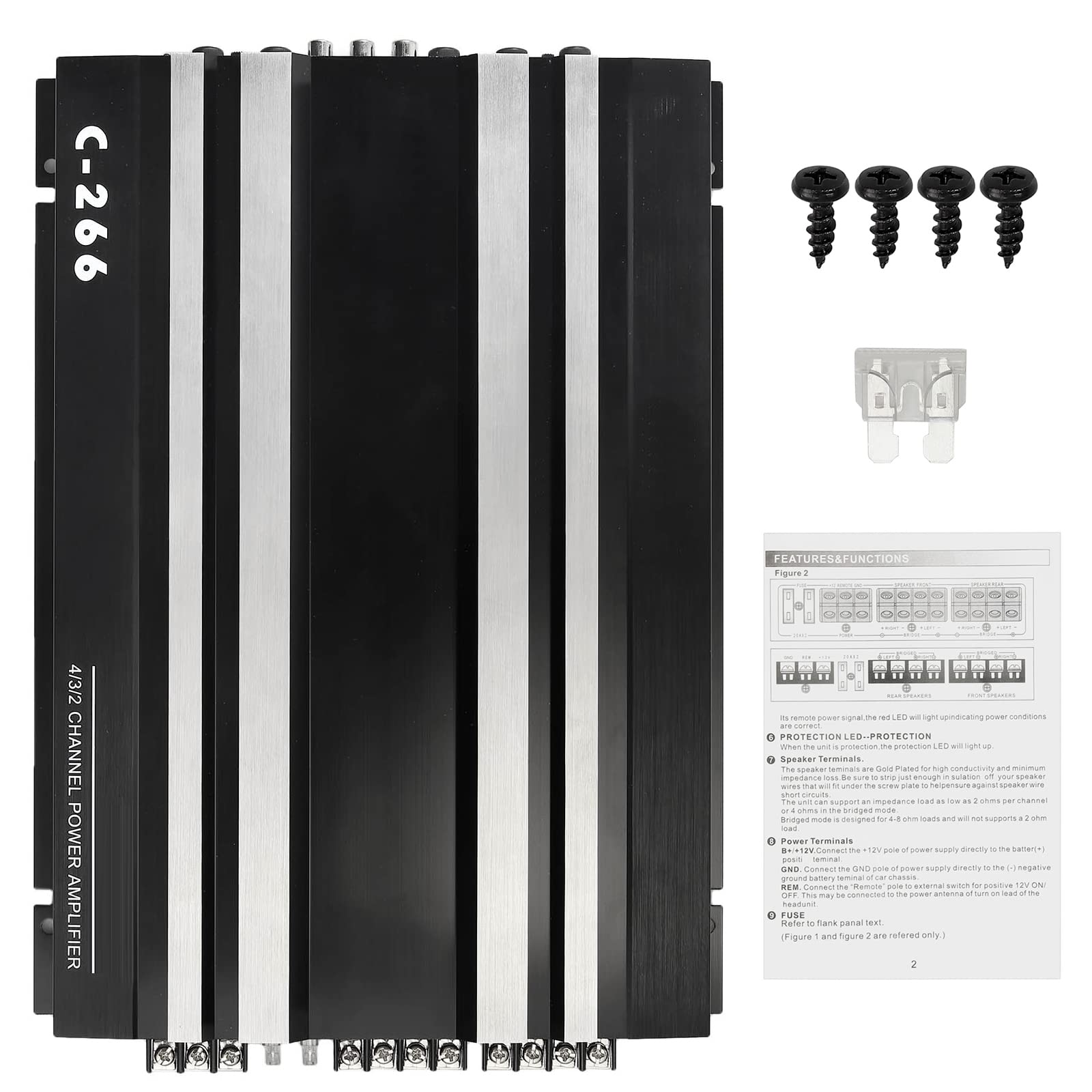PROZOR Auto Audio Verstärker mit 4 Kanälen 4 Ohm Car Stereo Audio Power Amplifier, an 4 Lautsprecher oder 2 Lautsprecher + 1 Subwoofer angeschlossen