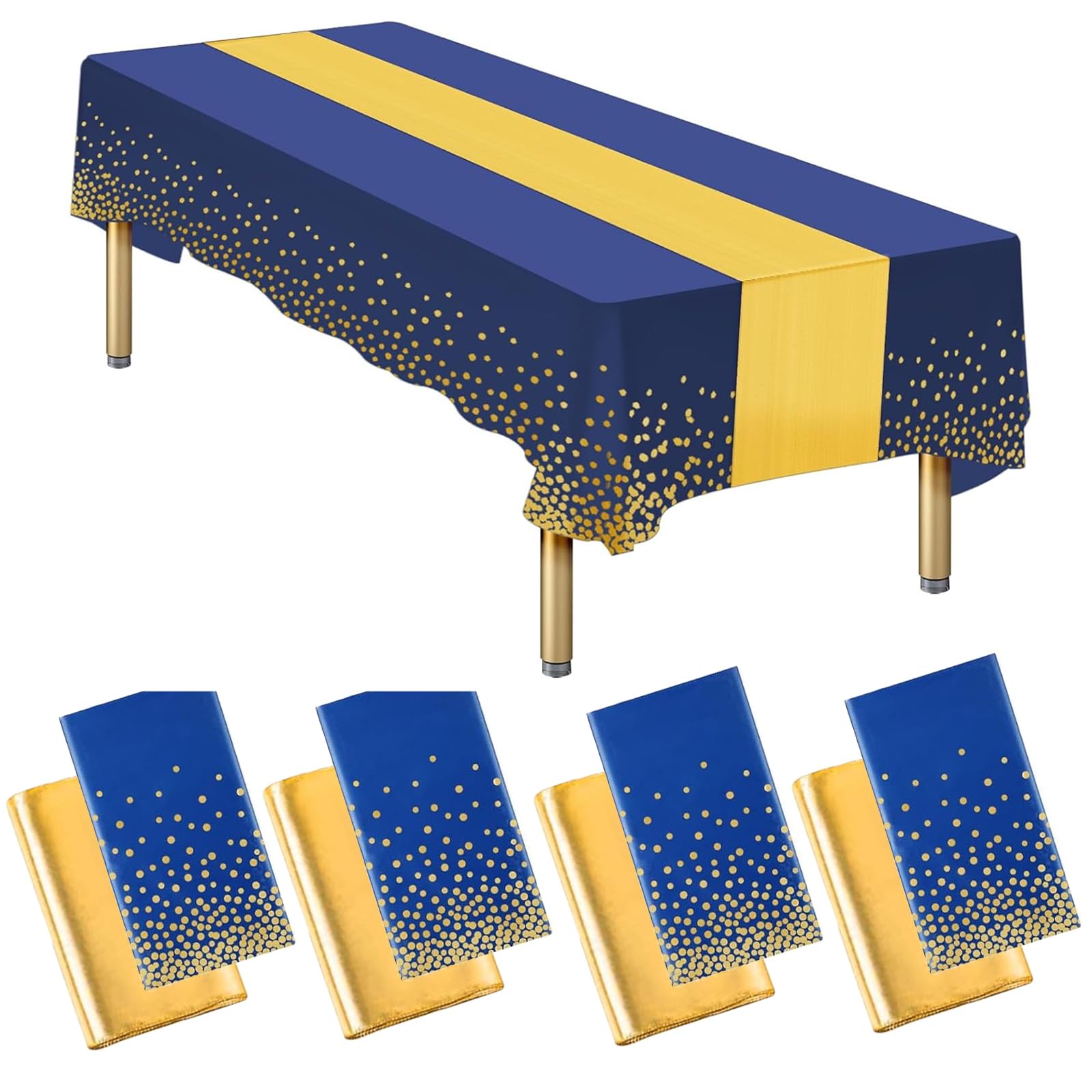 Auxemuen 8Packs Disposable Rectangle Plastic Party Tablecloth,137 * 274 cm for Rectangle Tables Cloths for Parties, Events & Weddings, Indoors Outdoors (Navy Blue and Gold, 137 * 274cm+30 * 274cm)