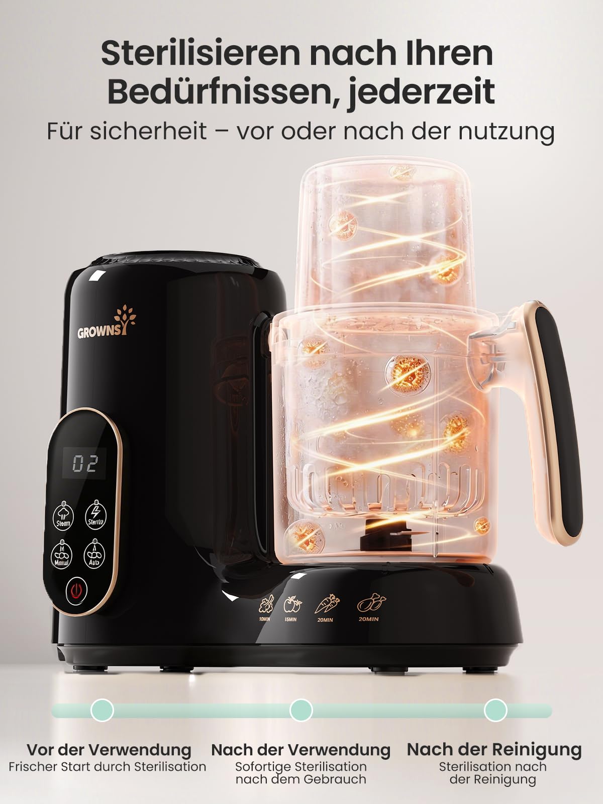 Grownsy Babynahrungszubereiter Dampfgarer Pürierer Sterilisator BPA-frei zweistöckiger Dampfkorb