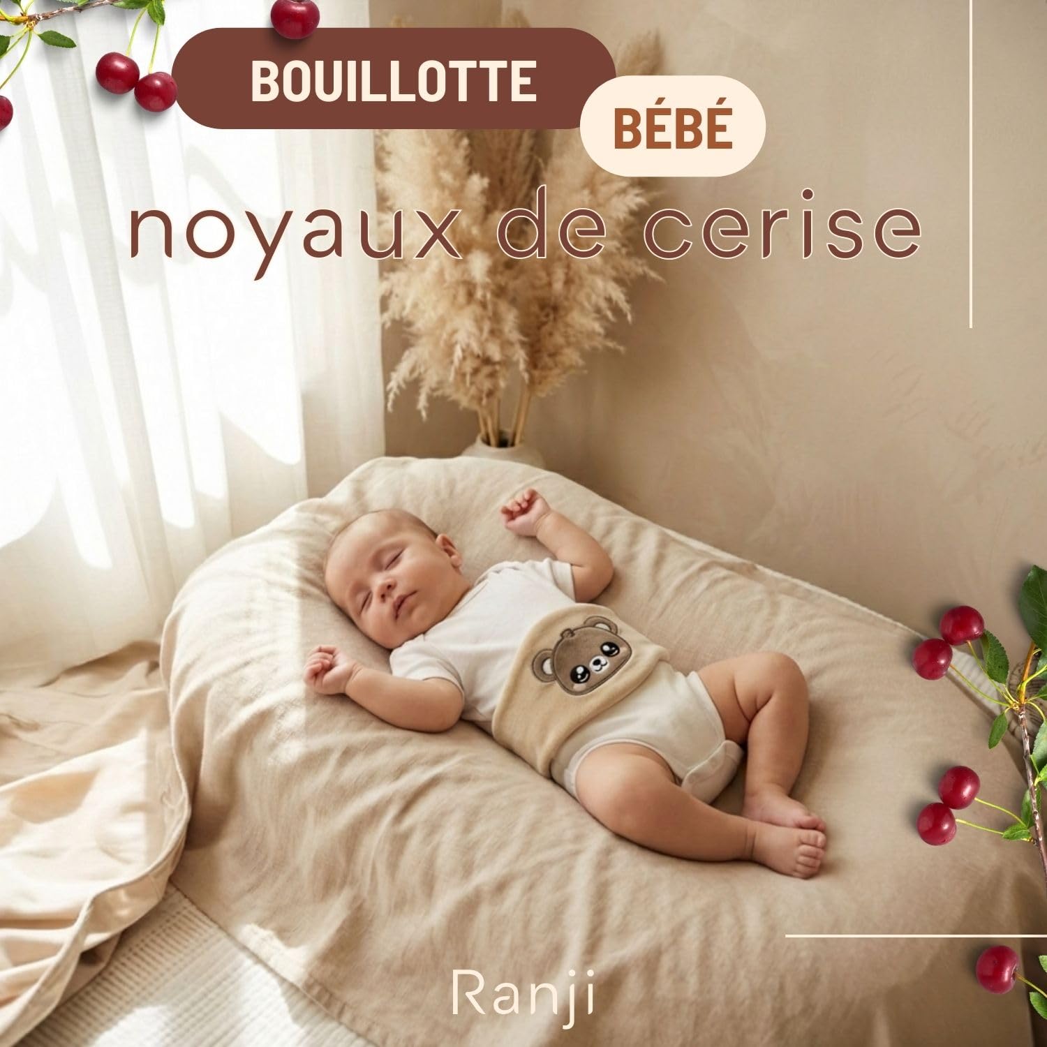 RANJI - Bouillotte Bébé Anti Colique à Noyaux de Cerise – Ceinture Chauffante Micro-ondes OEKO-TEX & Coton Bio GOTS pour Coliques du Nourrisson (Ourson)
