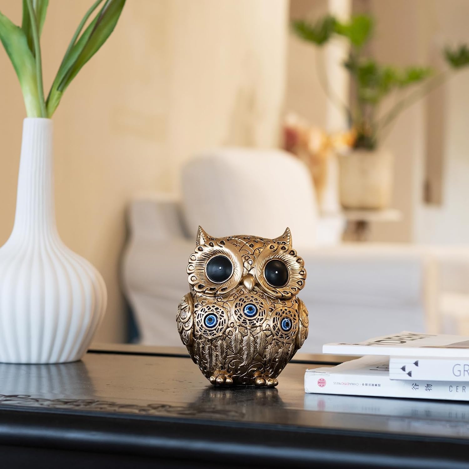 Decorative Owl Figurine – Modern Resin Art Showpiece with Dotted Pattern for Home, Living Room, Office, Shelf, Table, Desk & Gift Decor – Elegant Owl Statue Sculpture (Gold)-image-5