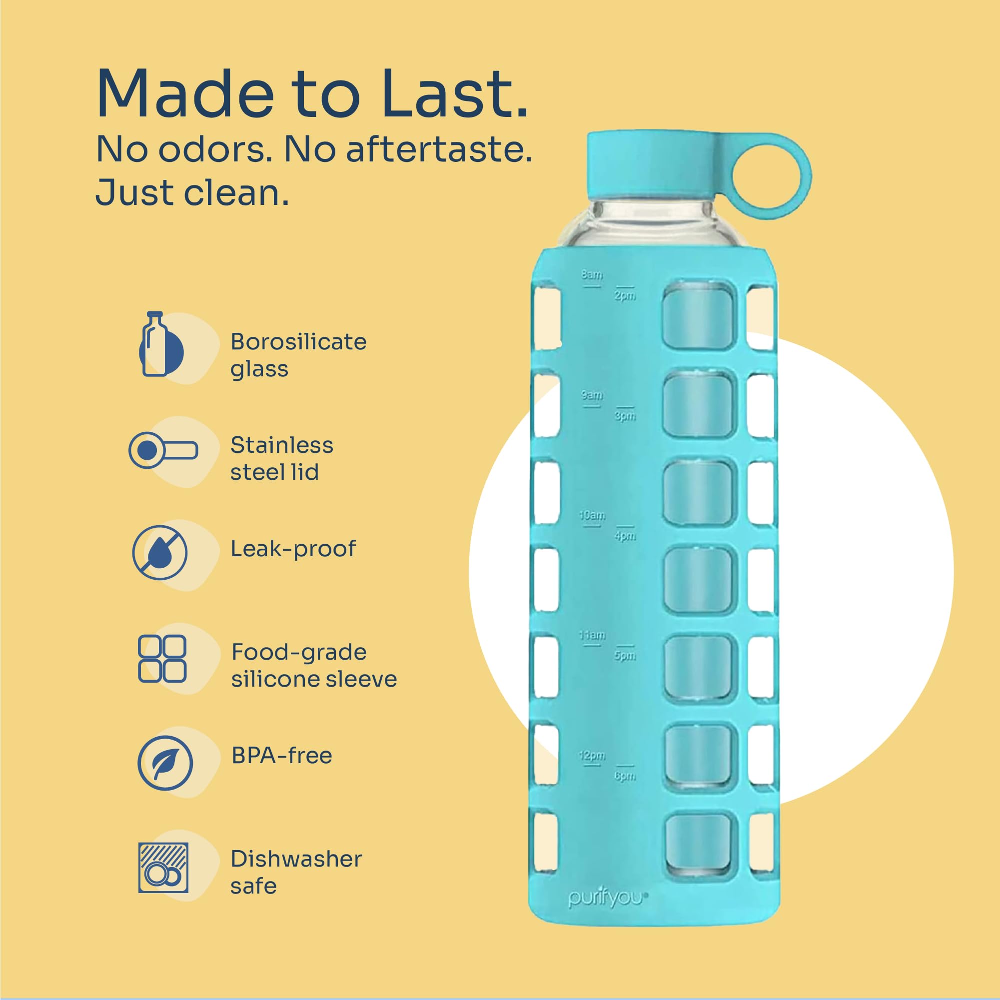 purifyou Wasserflasche aus Borosilikatglas mit Zeit- und Volumenmarkierungen, Silikonhülle, Edelstahldeckel, wiederverwendbare Glasflasche für Wasser und Saft, 1,1 l, 907 ml, 340 ml, Aquablau