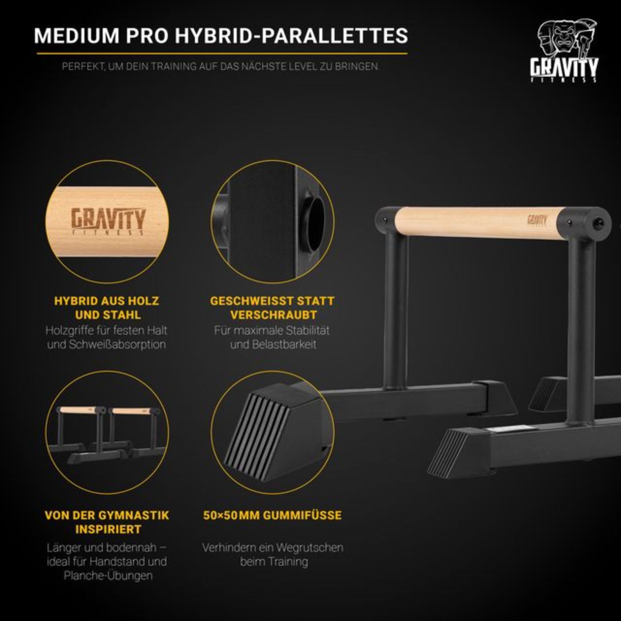 Gravity Fitness Parallettes Bars mit Hybrid-Holzgriffen, stabil für Calisthenics, Gymnastik, Krafttraining, tragbar & leicht für Zuhause oder kommerzielles Fitnessstudio