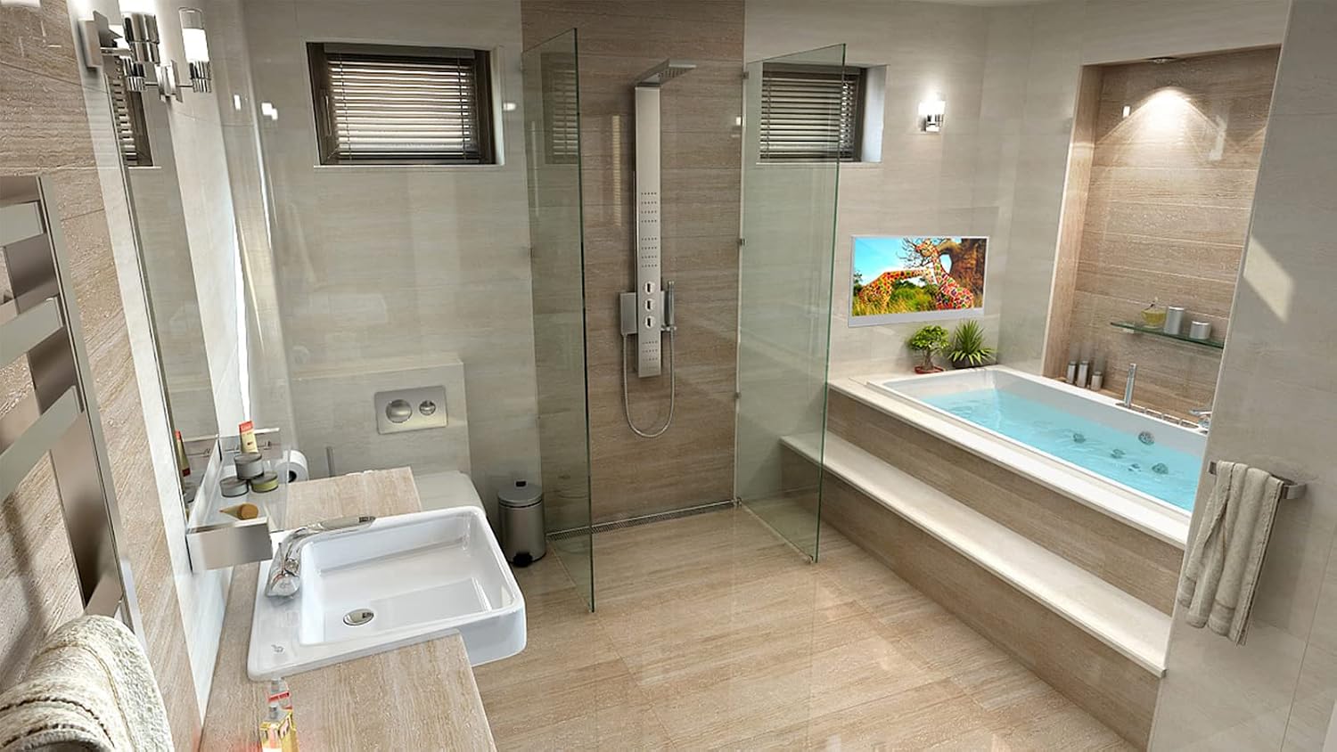 Elecsung M27 Smart Bathroom Mirror TV installed in a modern bathroom above a bathtub.