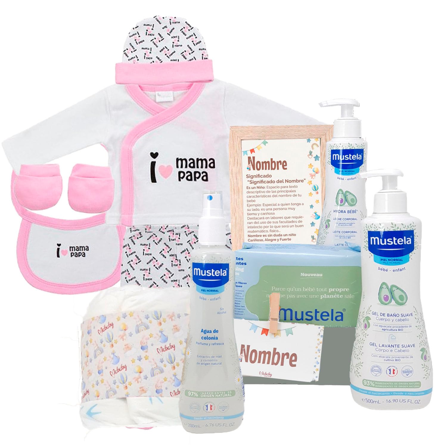 Canastilla Bebé Personalizada Hello!, Set de Regalo de Nacimiento con Ropita de Primera Puesta, Gel, Loción, Colonia, Toallitas y Marco Decorativo con Significado del Nombre (Rosa)