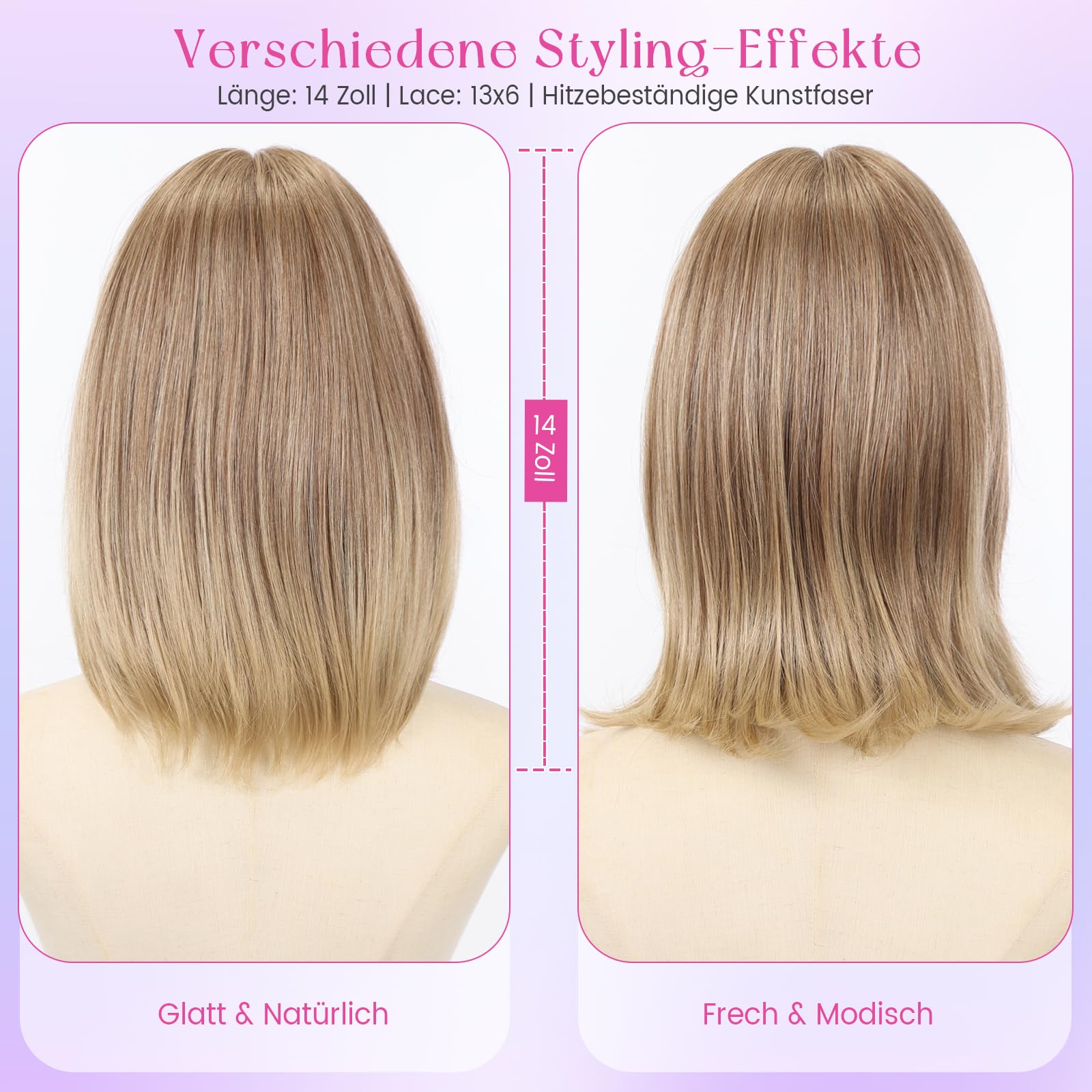 testar 13x6 Spitzenfront Perücke Braun-Blond, kurze gewellte Perücke für Damen, kleberlose Synthetikperücke aus hitzebeständiger Faser, 14 Zoll für den täglichen Gebrauch