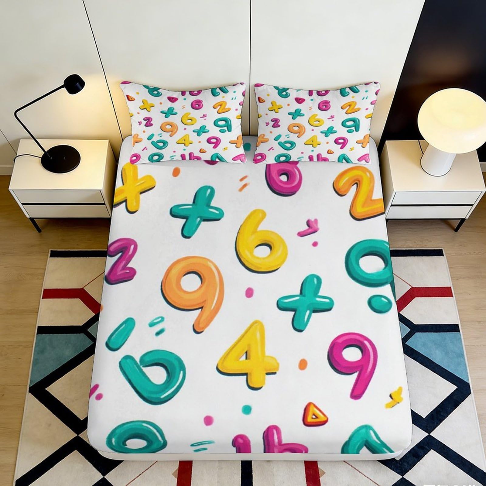 Wtorimpel Style-6 3D Printed Numbers Fitted Sheet Microfiber Deep Pocket Bedroom Bedding Maths Theme Mattress Fitted Cover Non-Slip For Teens Adults 140X200x25cm