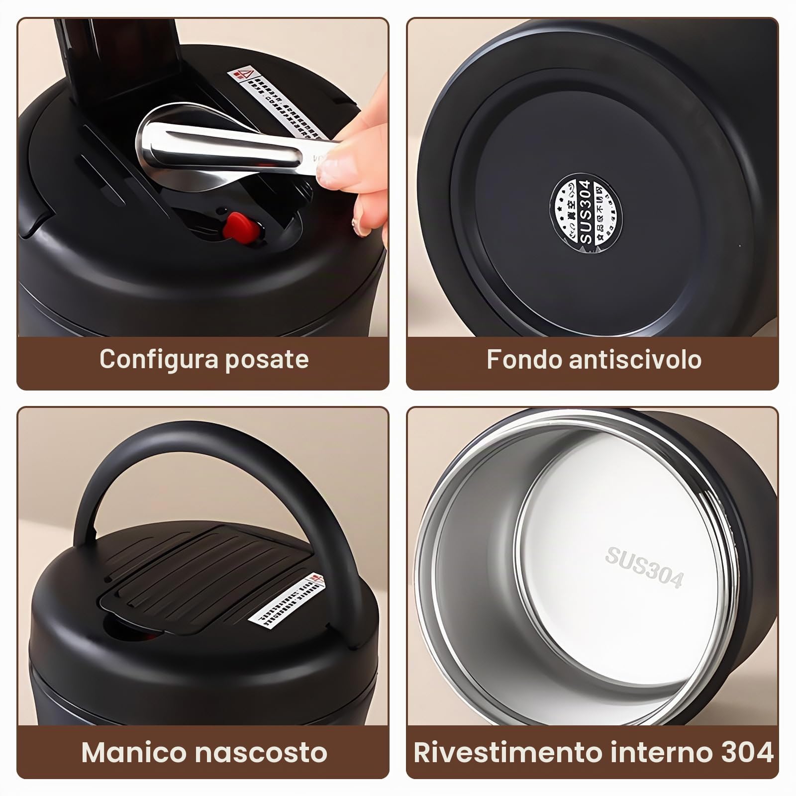 Contenitore termico per alimenti: 1,2L Contenitore termico in acciaio inox con coperchio, Thermoskanne a tenuta stagna per alimenti, Lunchbox termica per cibi (Nero)