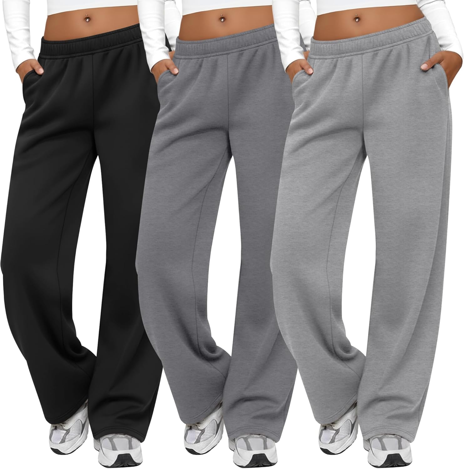 August Alley 3 Packs Women's Wide Leg Pants Built-in Drawstring Sweatpants Soft Baggy Lounge Yoga Pants with Pockets