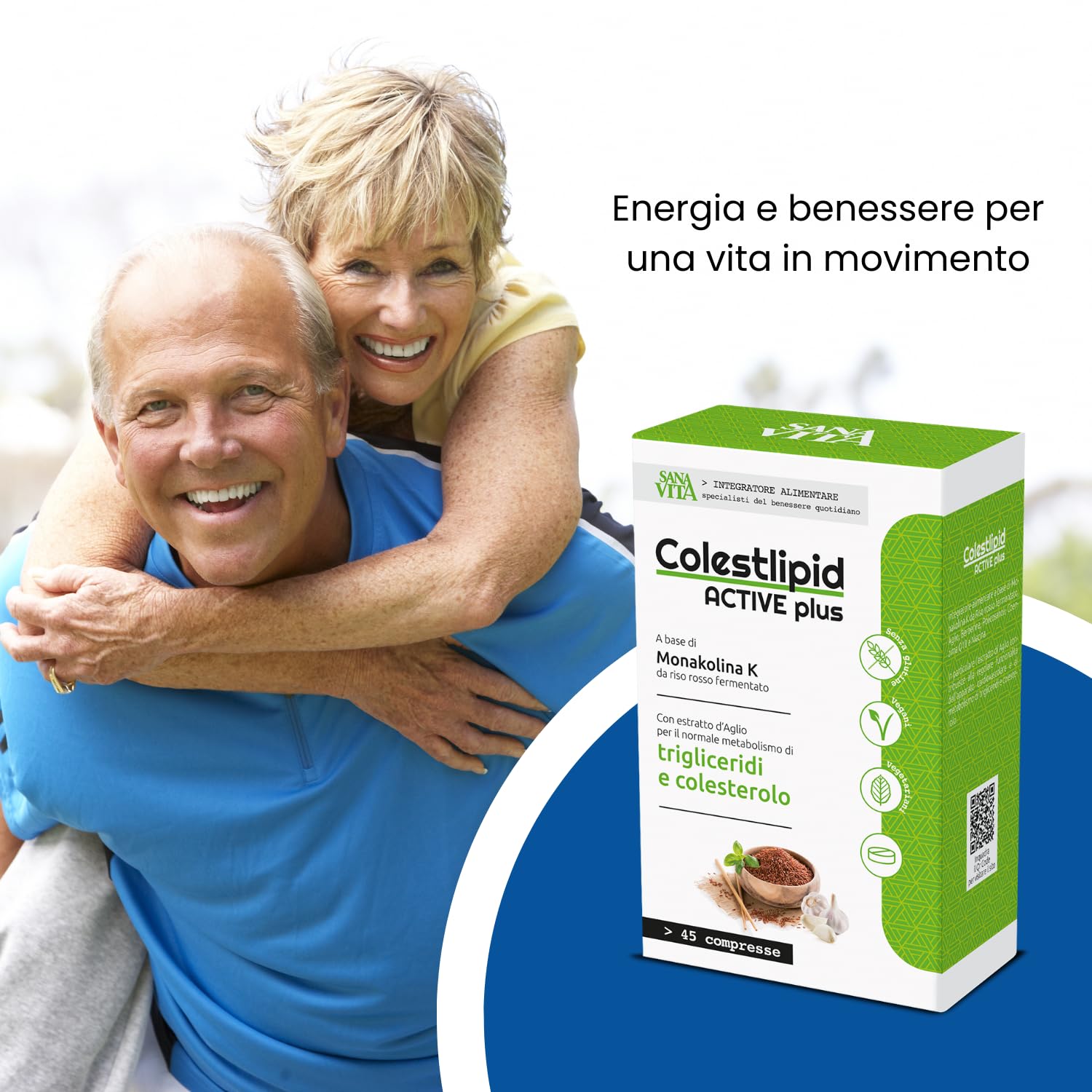 Sanavita Colestlipid Active Plus Integratore Alimentare con Monakolina K da riso rosso fermentato e con estratto d'aglio 45 comresse - Senza glutine