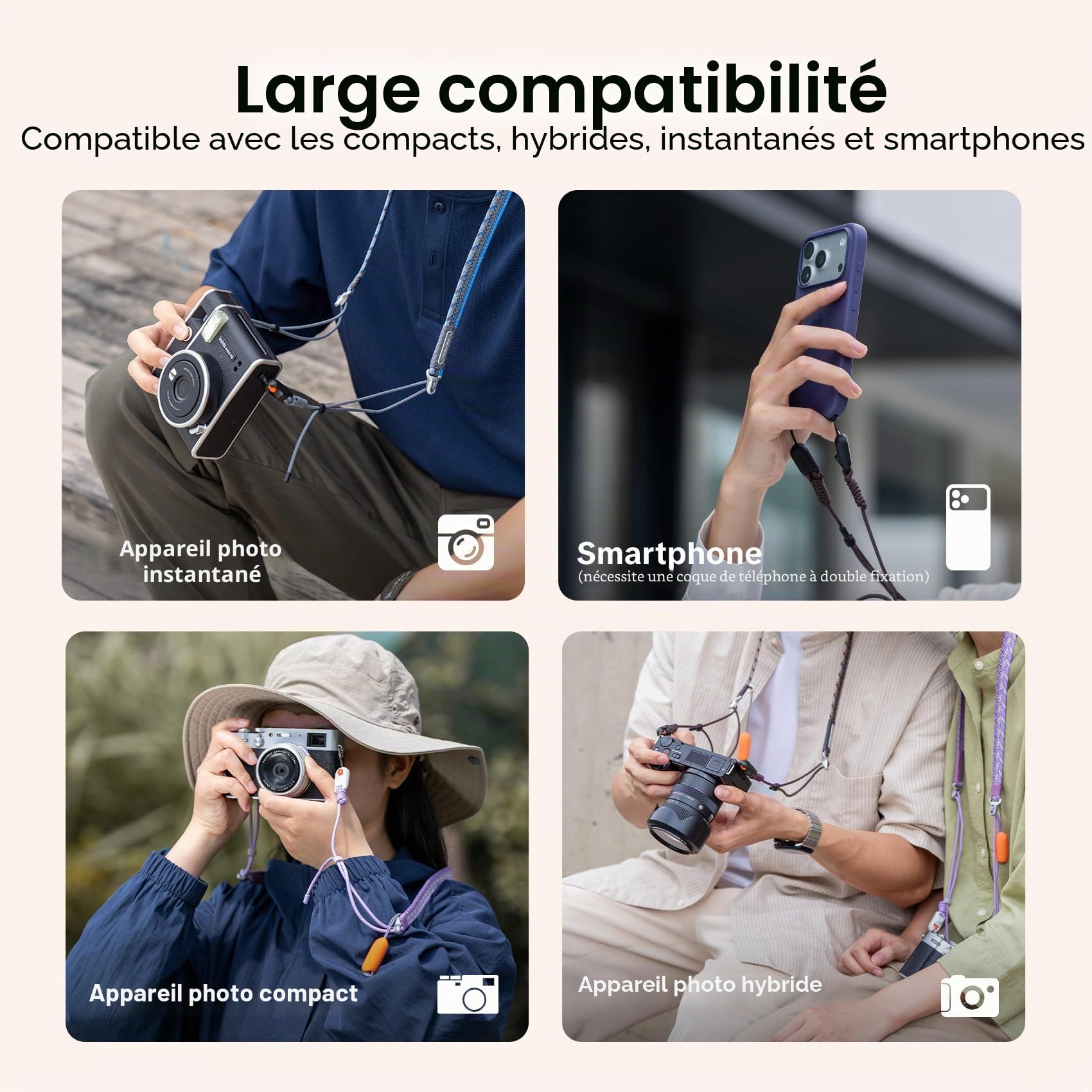 PGYTECH Sangle d'appareil photo Slim Réglable à dégagement rapide 820-1360mm Légère Multicolore pour appareils photo hybrides/compacts/Instax/numériques, Trendy Style