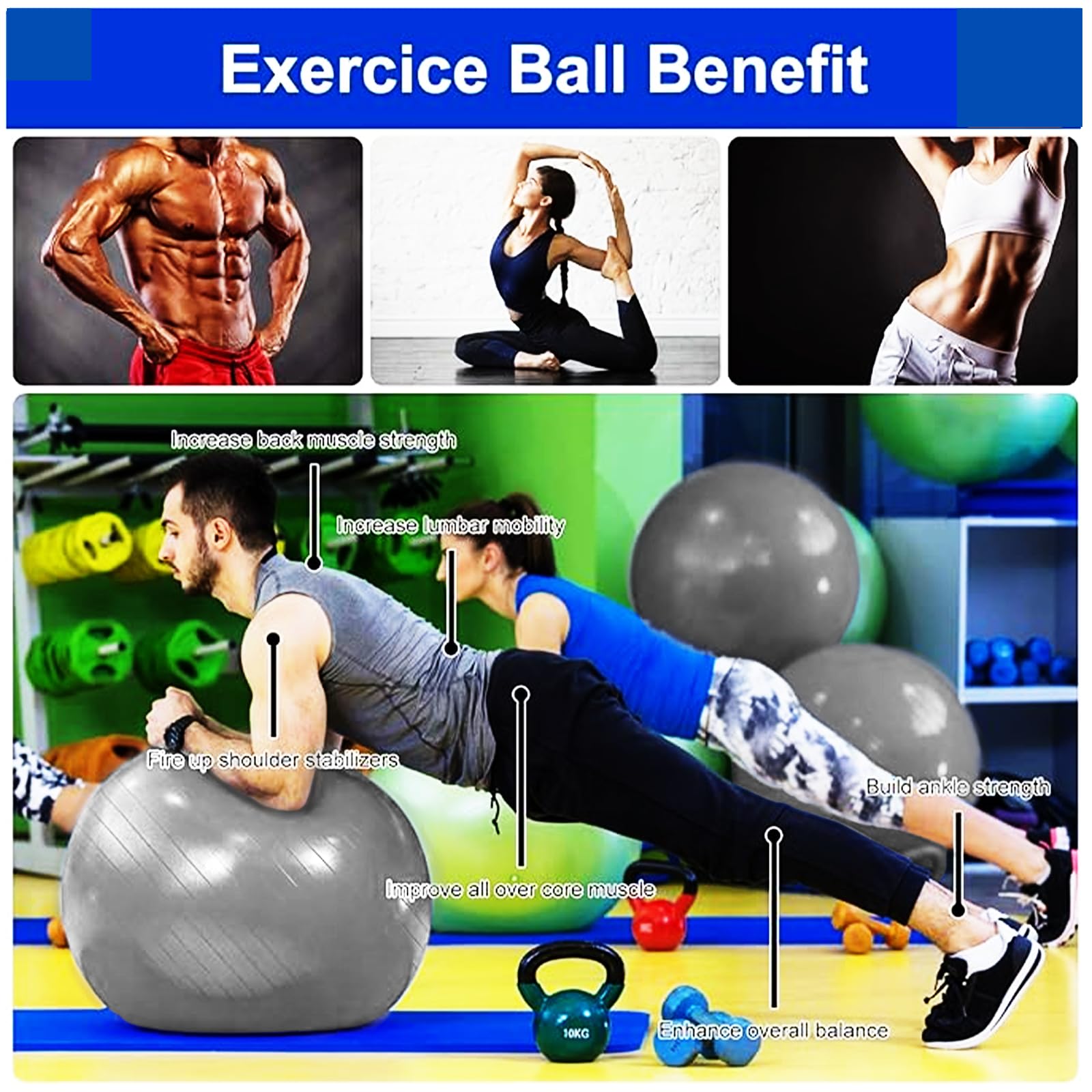 flintronic Palla Fitness, Palla da Ginnastica, 55/65cm Palla Anti-Scoppio, Palla di stabilità, con Pompa, Strumento Tappo Pompa, E Manuale per Yoga, Esercizi di Equilibrio, Allenamento, Fitness