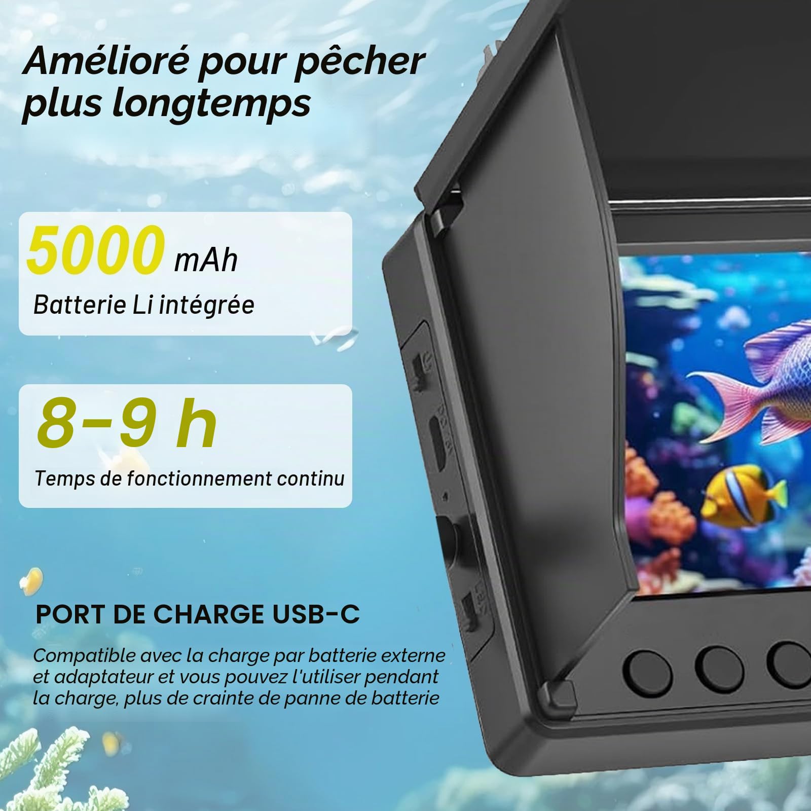 Sondeur de pêche, caméra sous-Marine avec Objectif HD à 220°, caméra sondeur certifiée IP67 avec écran IPS de 4,3 Pouces et câble de 30 m, sondeur Portable pour la pêche en mer et la pêche sur Glace