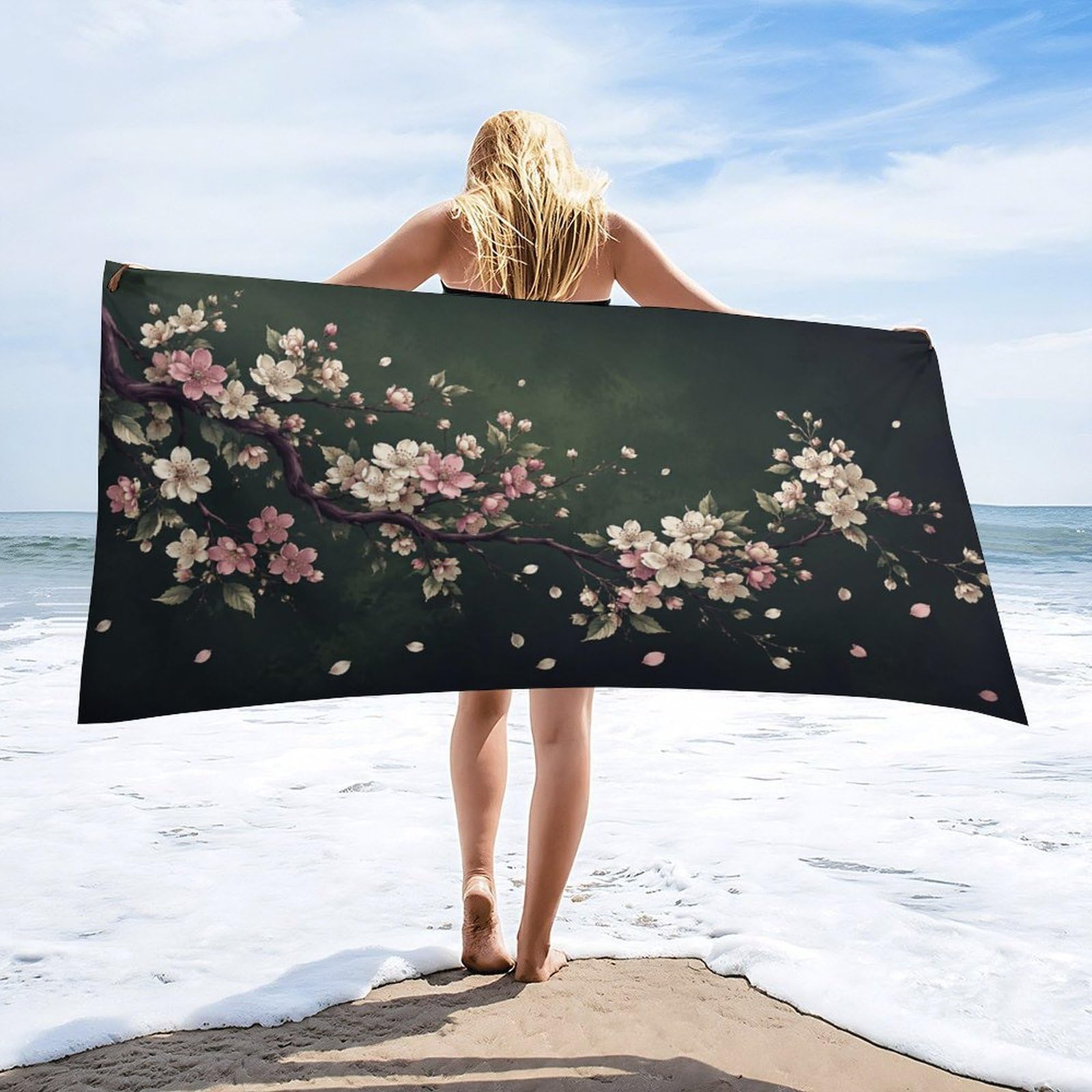 Anceky Floral Branch Cherry Blossom Beach Towel 32"×63",Soft Microfiber Bath Towel Shawl, Quick Dry Absorbent Pool Spa Gym Shower Towel