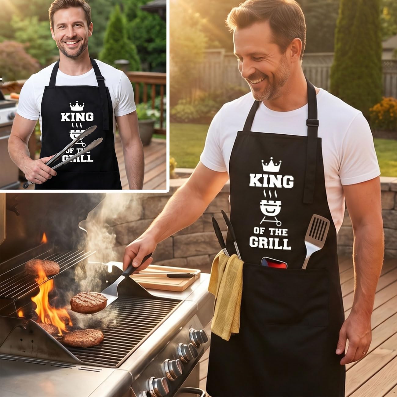 Fartuch do grillowania dla mężczyzn z napisem „King Of The Grill” – wodoodporny fartuch kuchenny z trzema pojemnymi kieszeniami, dla kobiet i mężczyzn, do grillowania i gotowania, czarny