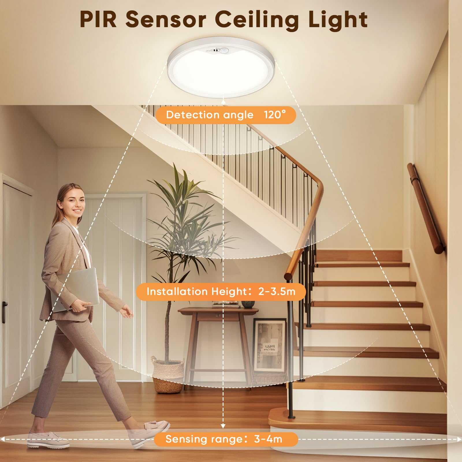 NIBSHOOM plafon led techo 3000K/4000K/6500K,2PCS luz led con sensor de movimiento 18W/1800LM/IP44 Impermeable lampara techo para Pasillo Escalera Balcón Garaje Baño Ø22cm