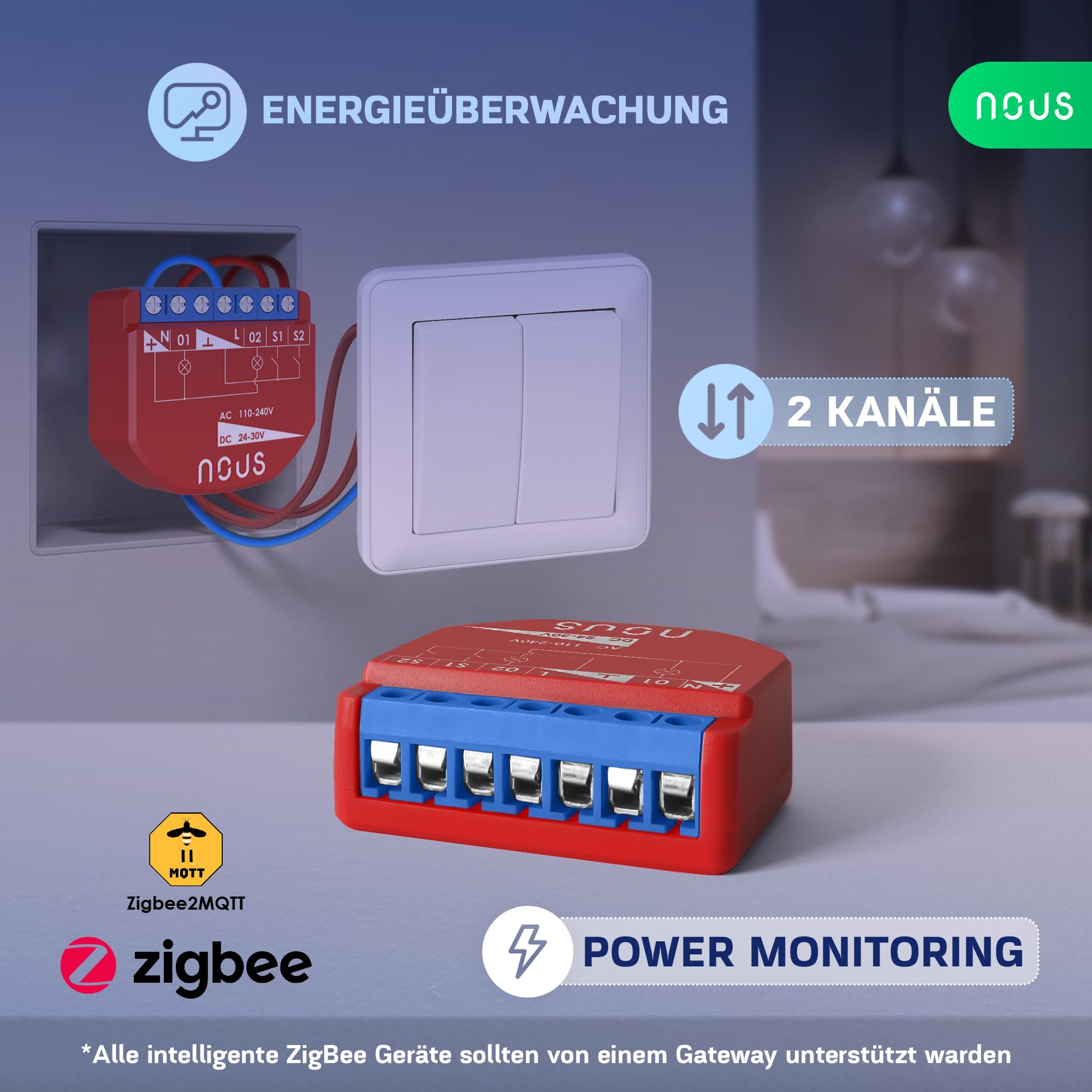 NOUS Module Interrupteur Intelligent ZigBee avec Mesure de Puissance, 2 Canaux, AC 16A/DC 10A, 3.0 Hub Requis, Compatible avec Alexa, Zigbee2MQTT, Google Assistant, Home Assistant, Tuya