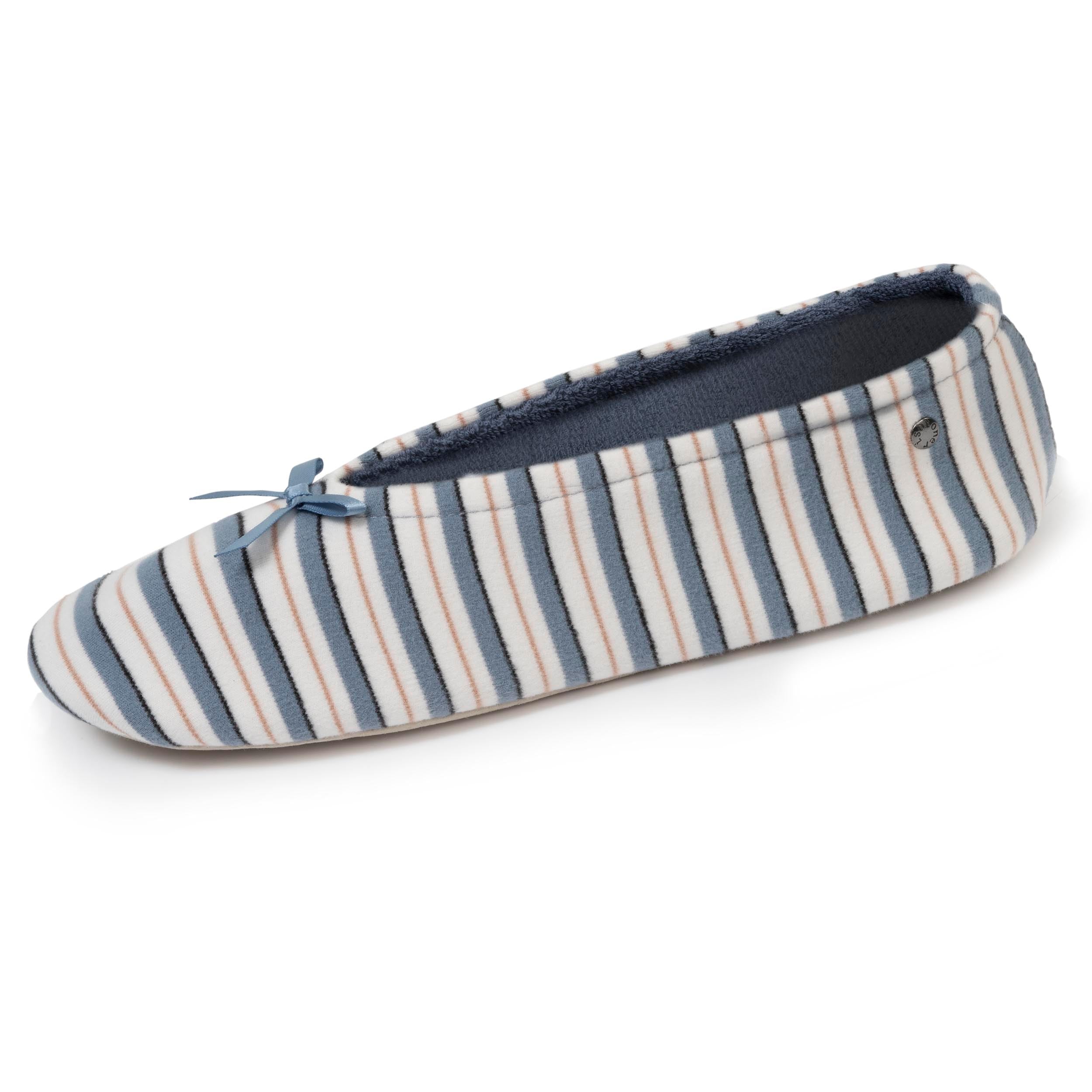 Isotoner Chaussons pantoufles Ballerines femme ultra confortables, semelle en cuir, détail grand nœud, 35/​36, rayure marinière