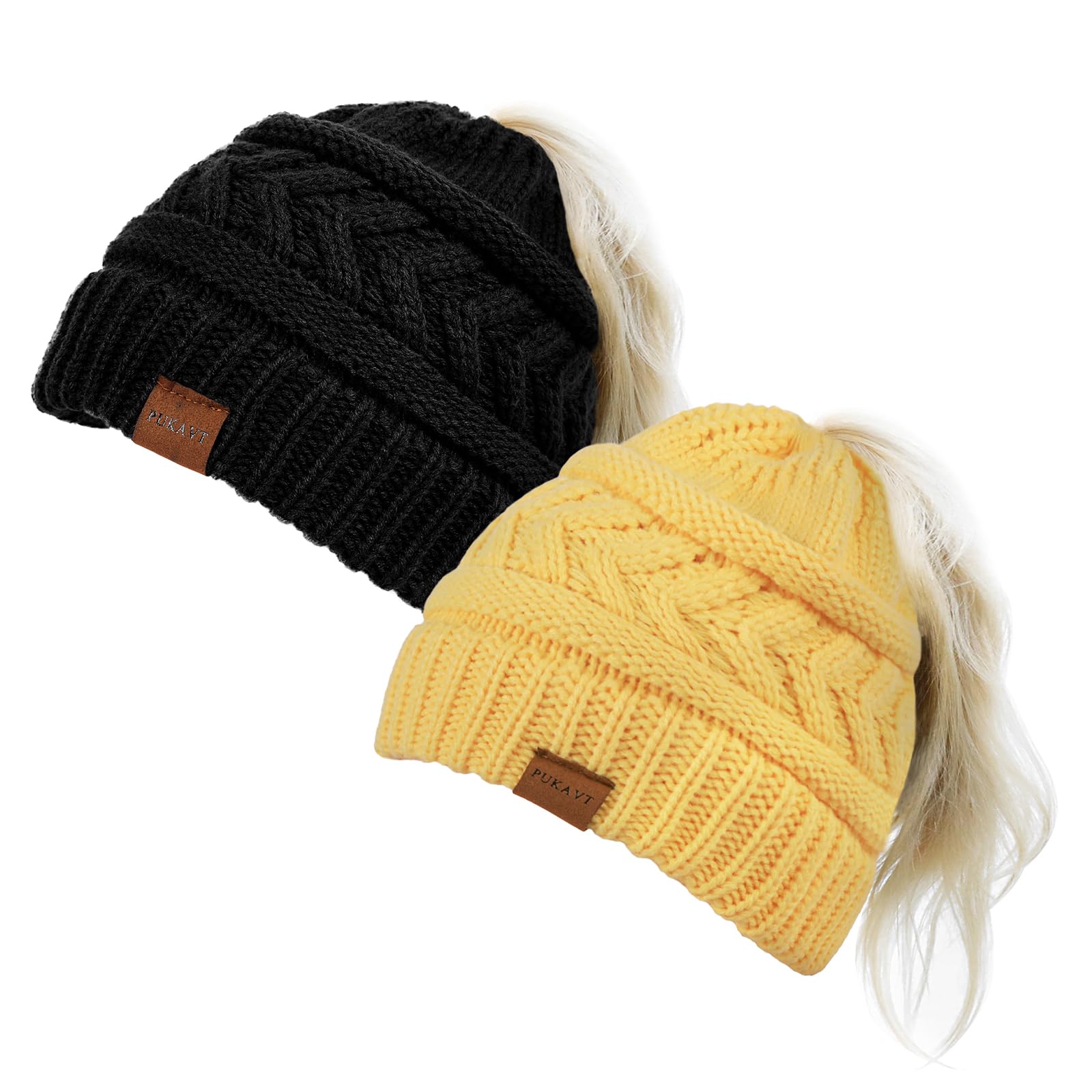Pukavt 1 2 Pack Winter Hat Ponytail Beanie Hat for Women Soft Stretch Cable Knit Messy Bun Beeanie
