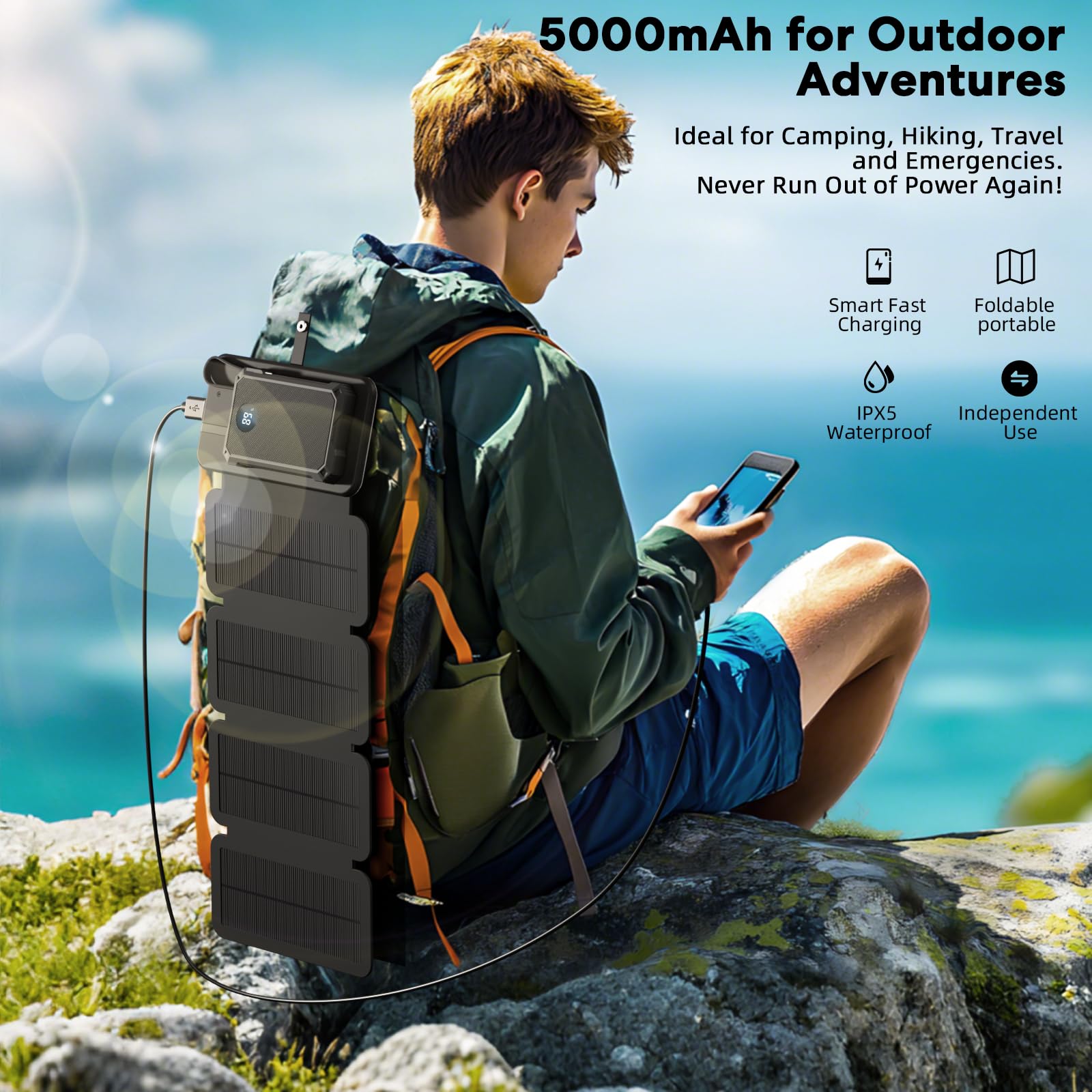 YELOMIN Caricatore solare Power Bank 5000 mAh con 4 pannelli pieghevoli e 2 cavi integrati, caricabatterie portatile wireless, batteria esterna esterna con USB-C/uscita e torcia SOS per campeggio