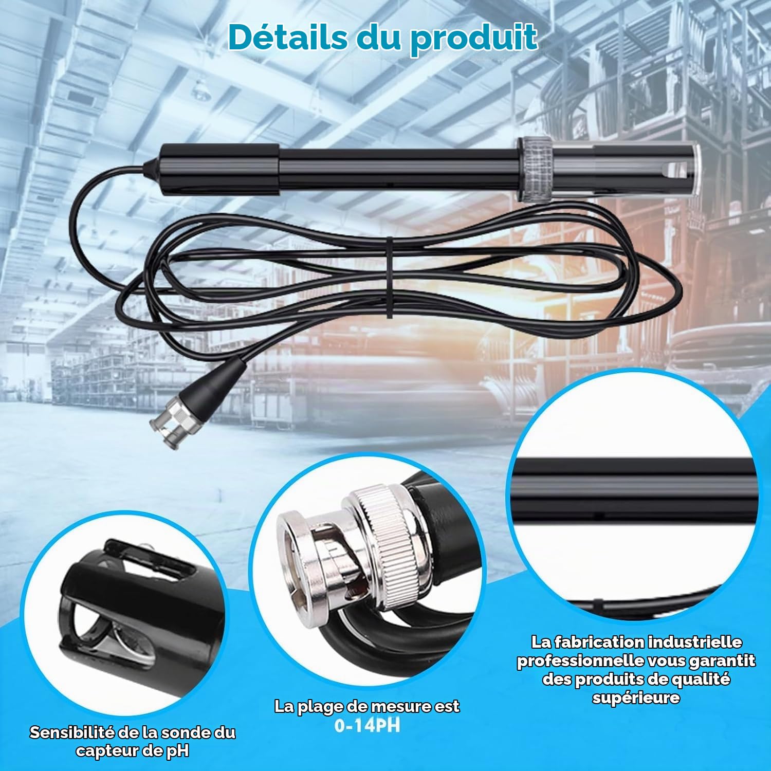 Jadeshay Sonde Ph Piscine,0-14 PH pH Électrode avec BNC Prise Sonde 75cm Câble, Sonde Ph pour Piscine, Aquariums et Spas