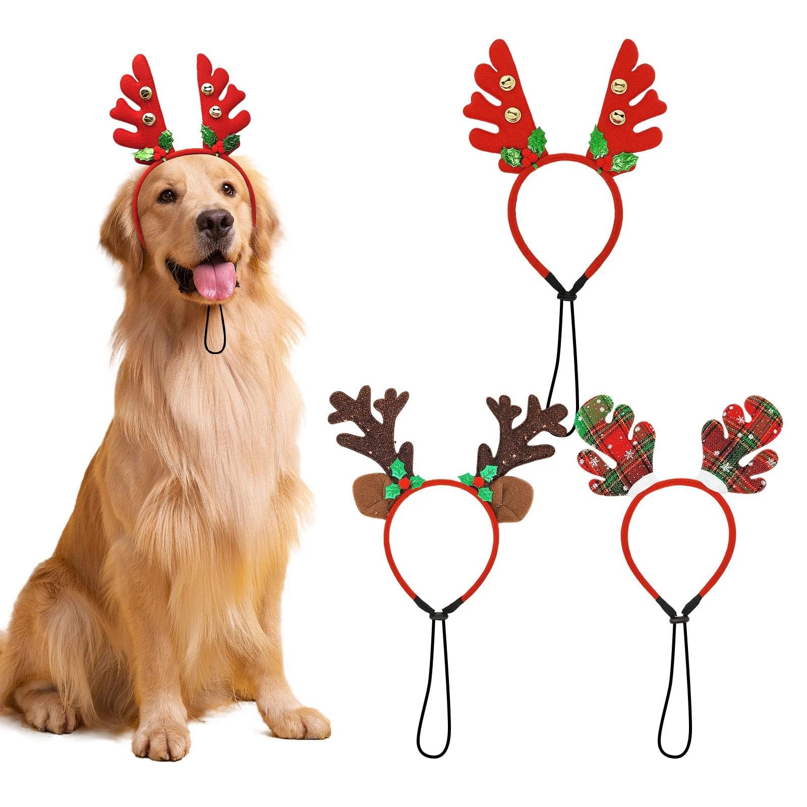 SAIIURV 3 Pieces Christmas Reindeer Dog Headband Puppy Xmas Antlers Headwear Holiday Pet Costume Accessory Dog Xmas Costume (Red)