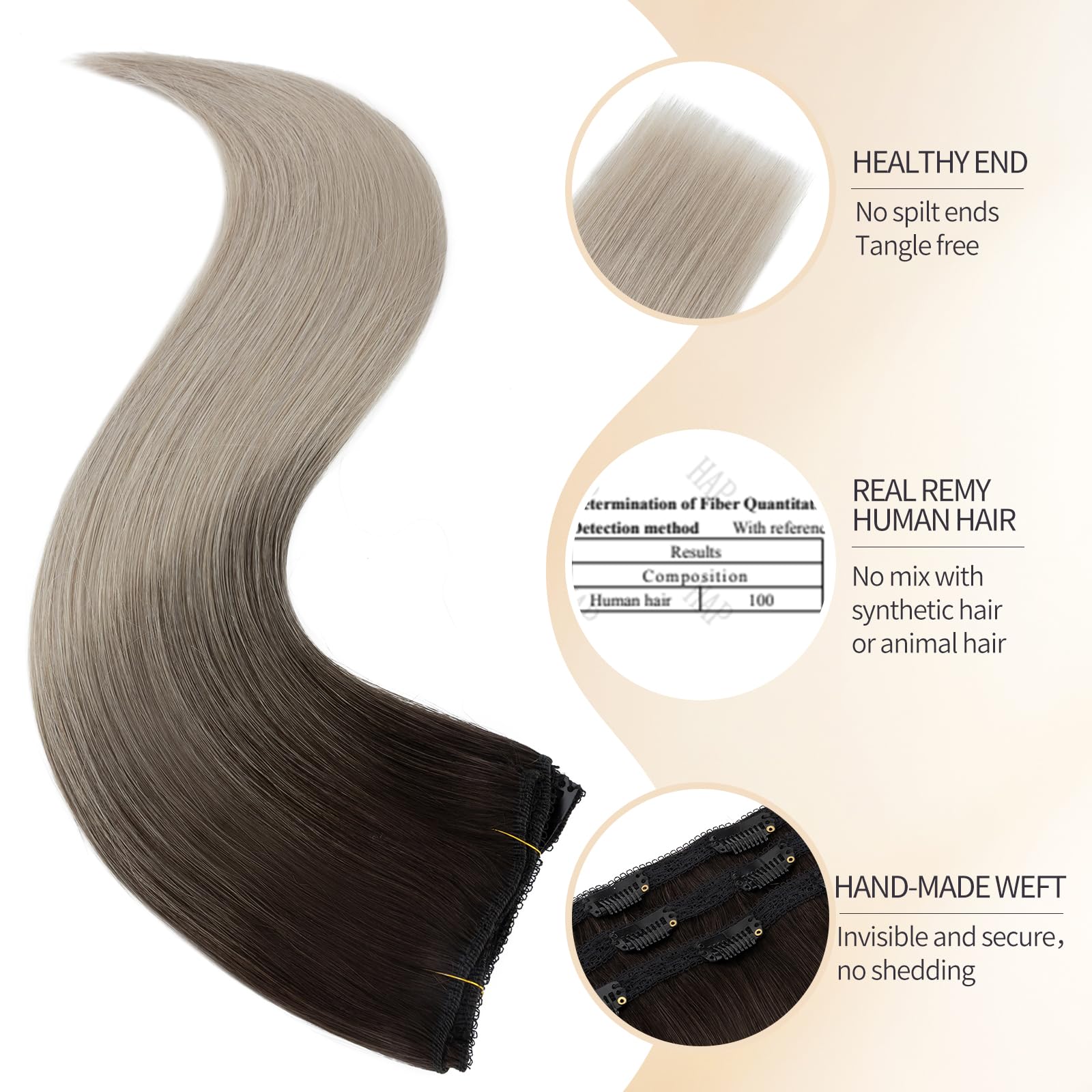 S-noilite Clip in Extensions Echthaar Natürliches Schwarz Highlight Grau Haarverlängerung Echthaar Clip in 86g Extensions Remy Menschliches Haar Glattes 3 Stücke 55cm