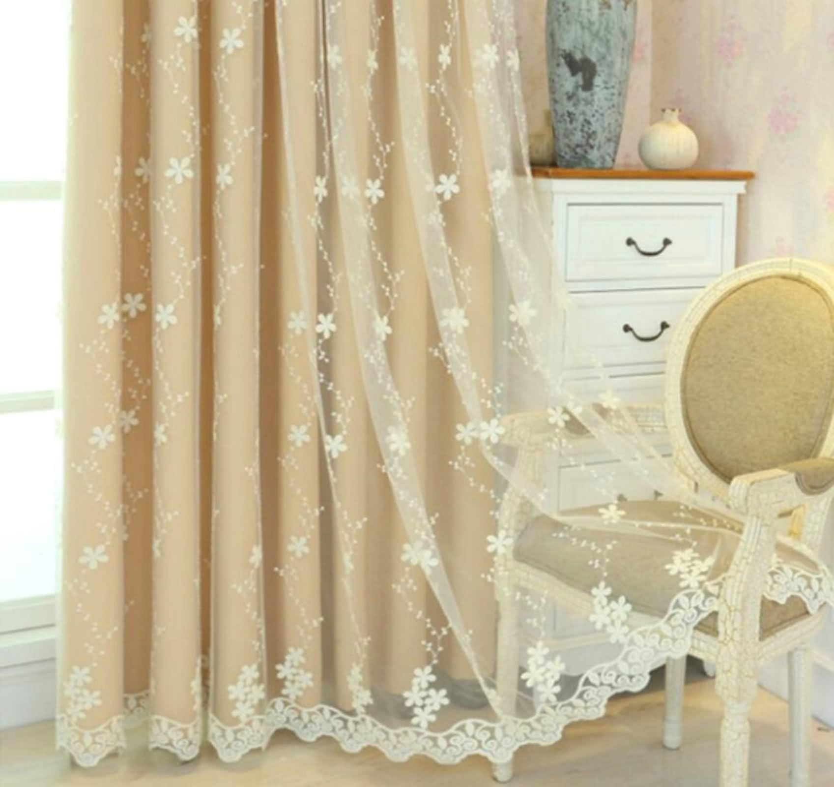 Oscuranti per Finestre Tenda, Cachi Tende Finestra Interna 2 Pannelli Doppio Strato Ricamato con Fiori Poliestere 132W x 244L cm