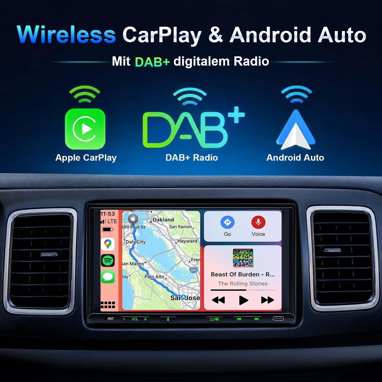Autoradio 2 Din con Wireless Carplay & Android Auto 7 Pollici Touchscreen Stereo Auto Radio DAB, Bluetooth