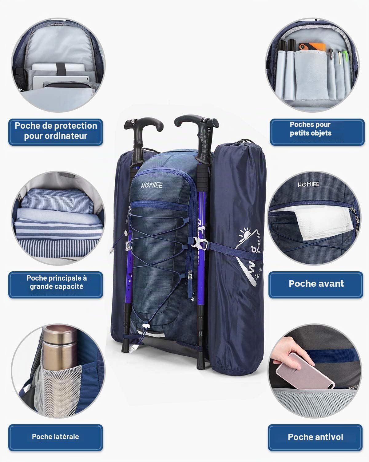 HOMIEE Sac à Dos de Randonnée, Sac de Trekking 45L Grande Capacité pour Homme Femme, Sac à Dos Pliable pour Alpinisme Escalade Ski Camping