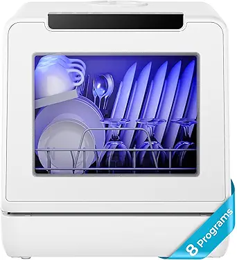 EUHOMY Countertop Dishwasher Portable, 8 Programs Mini Dishwasher with 5L Built-in Water Tank and Inlet hose, No Hookup Needed, Dishwasher with Self Clean/Baby Care/Air Dry, for Apartments, RVs, White
