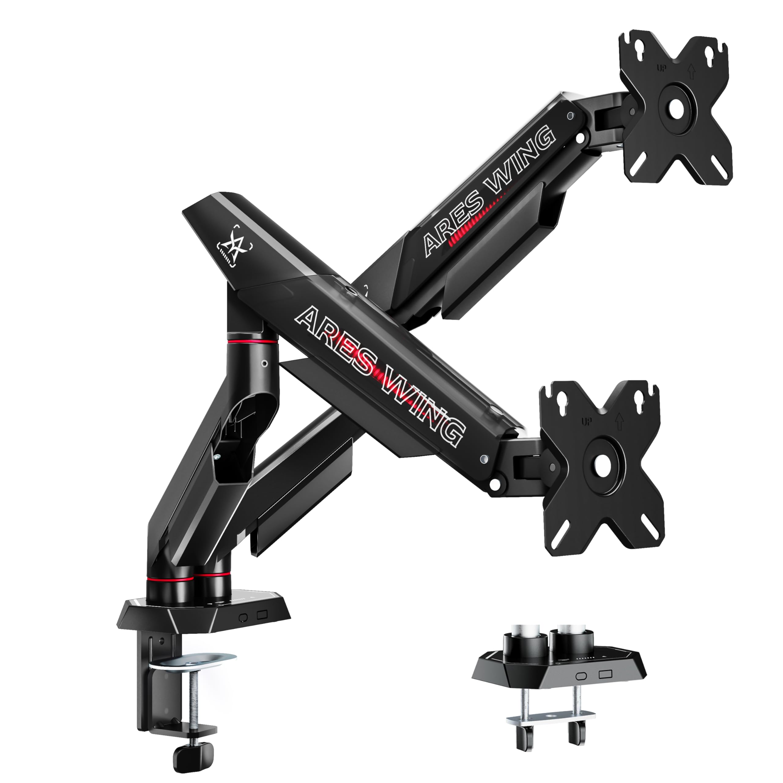 ARES WING Monitor Halterung 2 Monitore für 17–35 Zoll, 12 kg/Arm,Schwarz | Dual Monitorarm für Flach&Curved Bildschirm, höhenverstellbare Tischhalterung mit Kabelführung, ergonomisch,VESA 75/100 mm