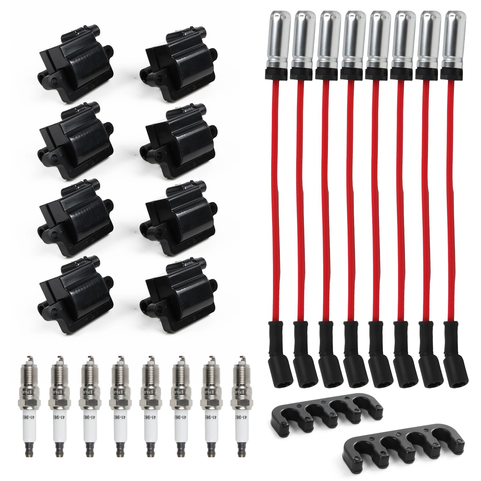 Set of 8 UF-271 Square Ignition Coils Pack & Spark Plugs & Spark Plug Wires 8mm Set Fits for Chevrolet GMC Cadillac 4.8L 5.3L 6.0L 8.1L 12556893 12570553 M8-48322R Spark Plug Coil Set