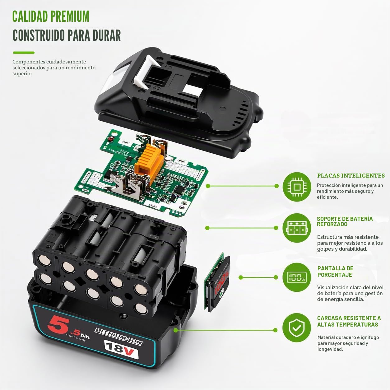 Batería de repuesto para Makita (2 unidades, 18 V, 5,5 Ah, iones de litio, compatible con BL1830 BL1840 BL1840B BL1850 BL1860 BL1860B 194204-5 LXT-400 con indicador LED)