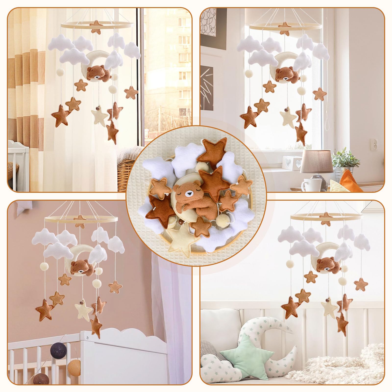 Mobile lit bébé, Mobile Bébé Bois avec Ours Etoiles Nuages Lune Cloches, Bois Berceau Bébé Jouet, Carillon Mobile, Chambre de Bébé Cloche de Lit, Cadeaux Naissance pour Bébés Filles Garçons (Marron)