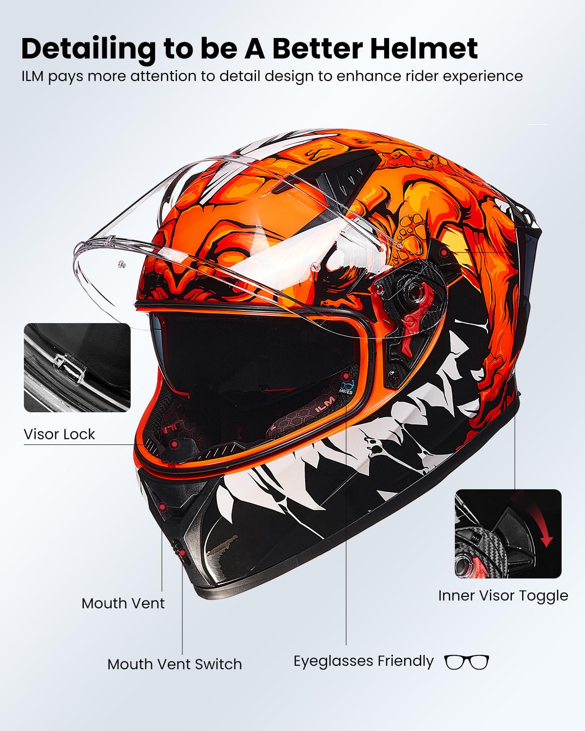 ILM Motorradhelm Integralhelm Herren Damen-Motorcycle Helmet mit 2 Visieren Pinlock-kompatiblen klaren und getönten-Street Bike Motocross Casco DOT&ECE Modell Z501,Lizzard Red,XL