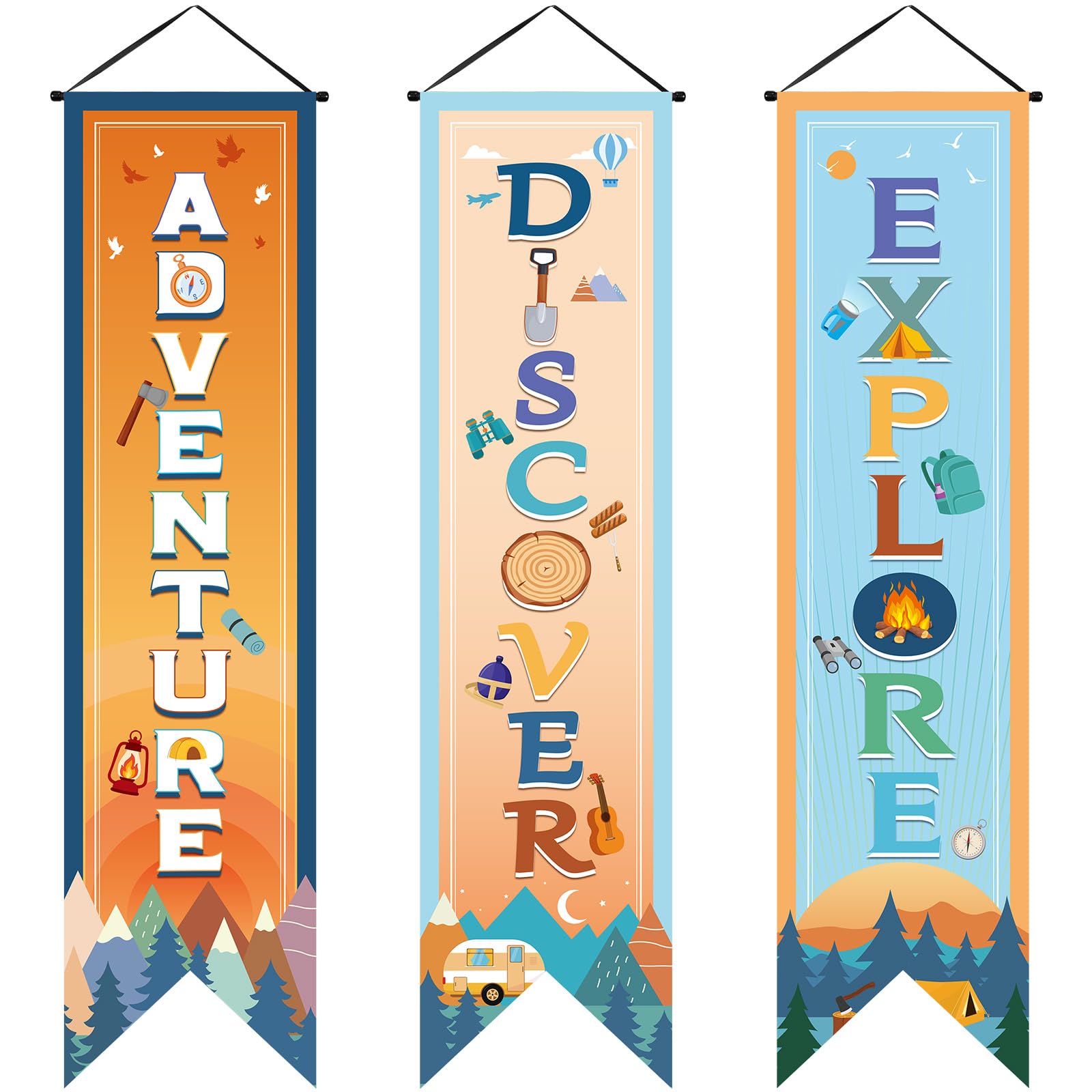 Chiisong 3 Pieces Boho Camper Party Decorations Adventure Discover Explore Porch Signs Camping Hanging Backdrops for Indoor Outdoor Home Bar Birthday Photo Props Door Wall Party Decor Supplies