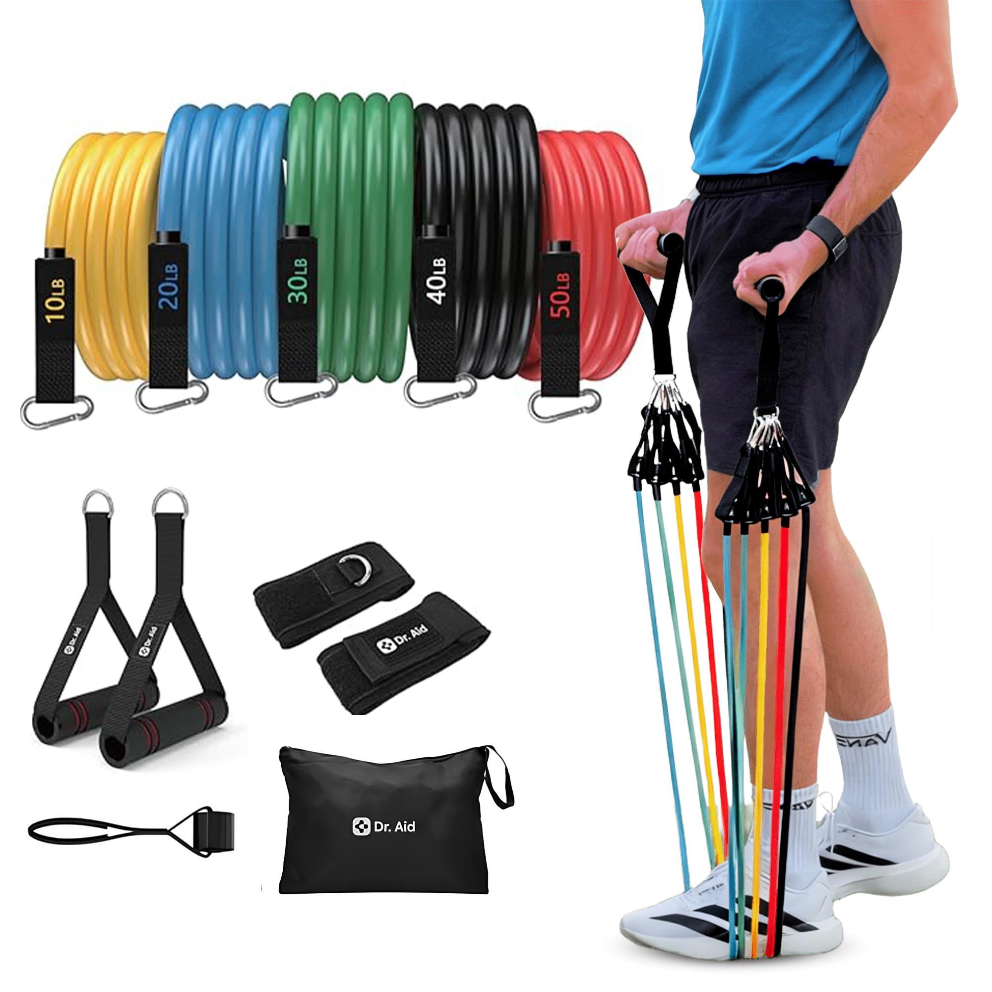Dr. Aid Resistance Bands Set – 5 Stackable Workout Bands with Handles, Pure Latex, High Elasticity & Tear Resistant – Smell-Free Full-Body Exercise