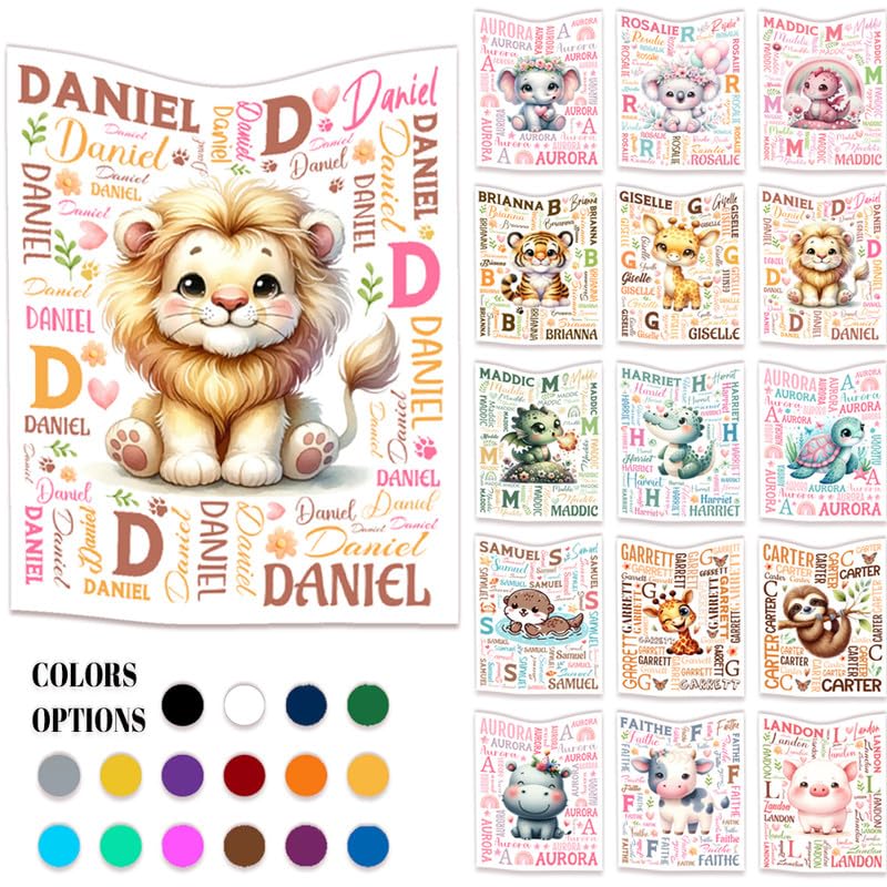 Lion Custom Gifts for Boys Girls - Personalized Lions Flannel Blanket with Name - Flower Heart Leaf Animals Lightweight Plush Soft Throw Sheet Decor