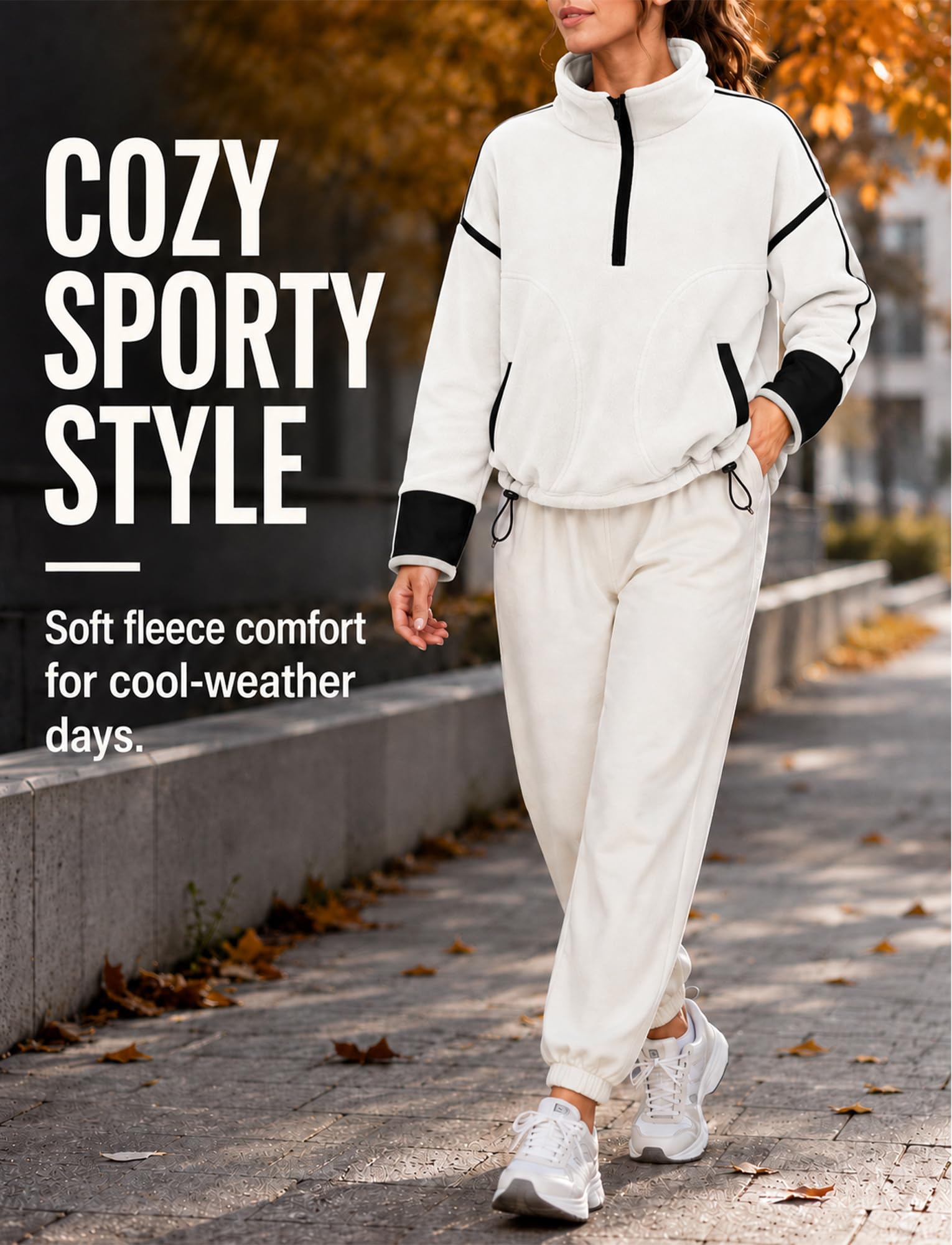 FEOYA Damska bluza polarowa z zamkiem błyskawicznym oversize, ciepły sweter, biały, M | Polarowy top z kieszeniami na jesień zimę sport spacery piesze codzienne odzież domowa